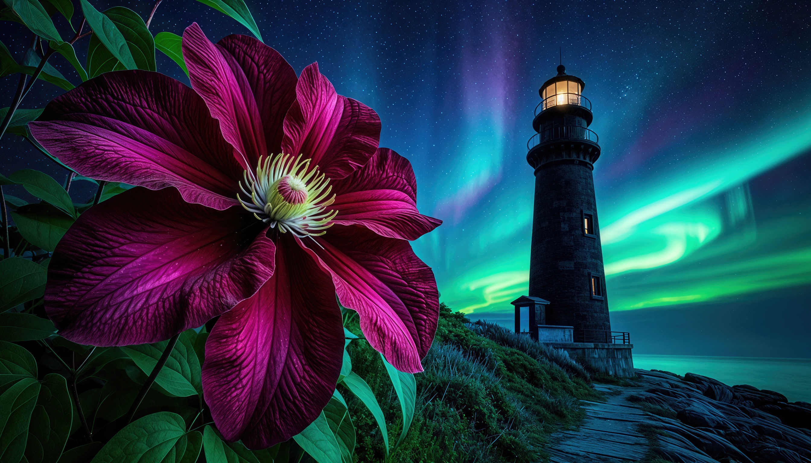 Крупный цветок гибискуса на переднем плане и маяк на фоне ночного неба с северным сиянием.