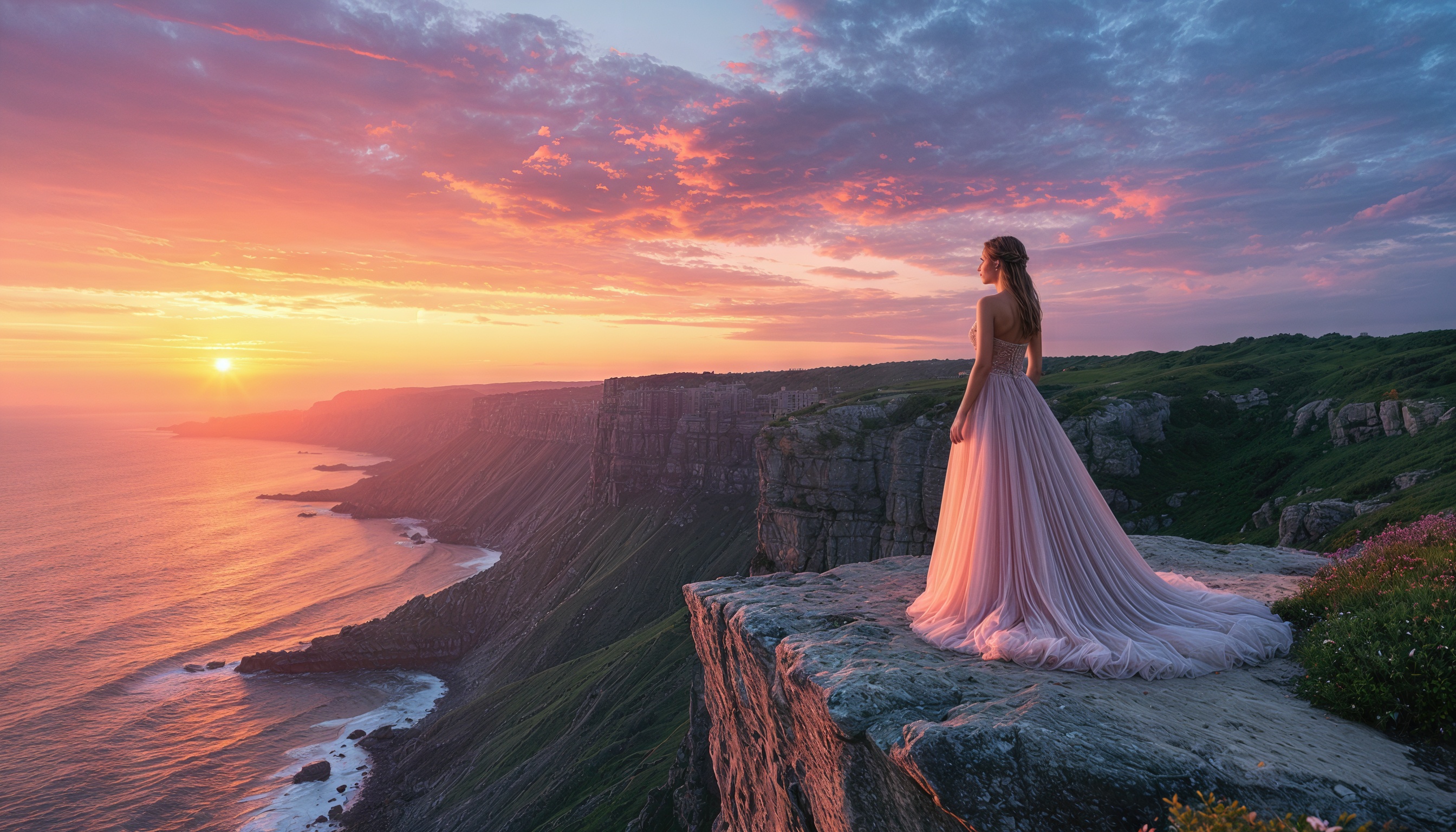 Бесплатное фото Девушка стоит на краю скалы в розовом свадебном платье на фоне заката и моря.