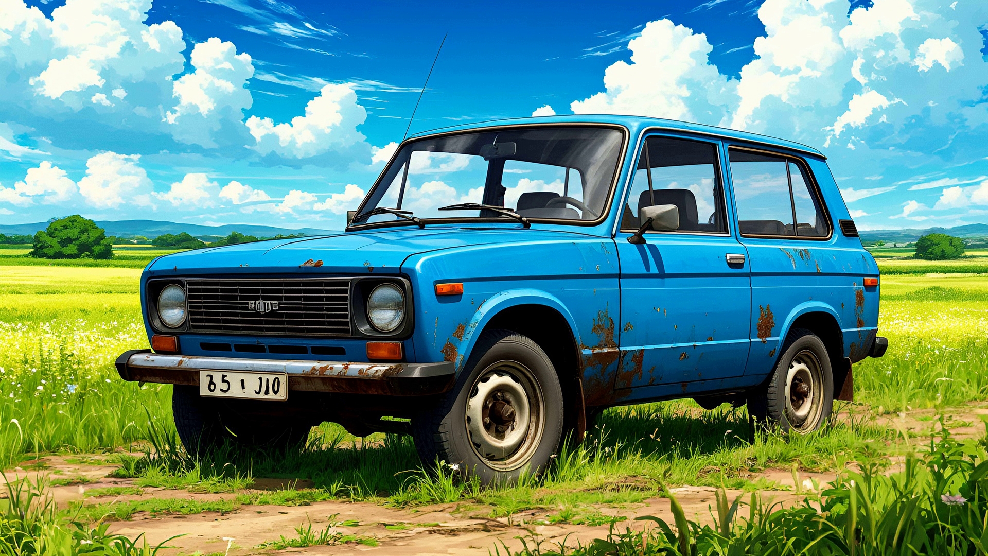 Синий старый автомобиль стоит в поле