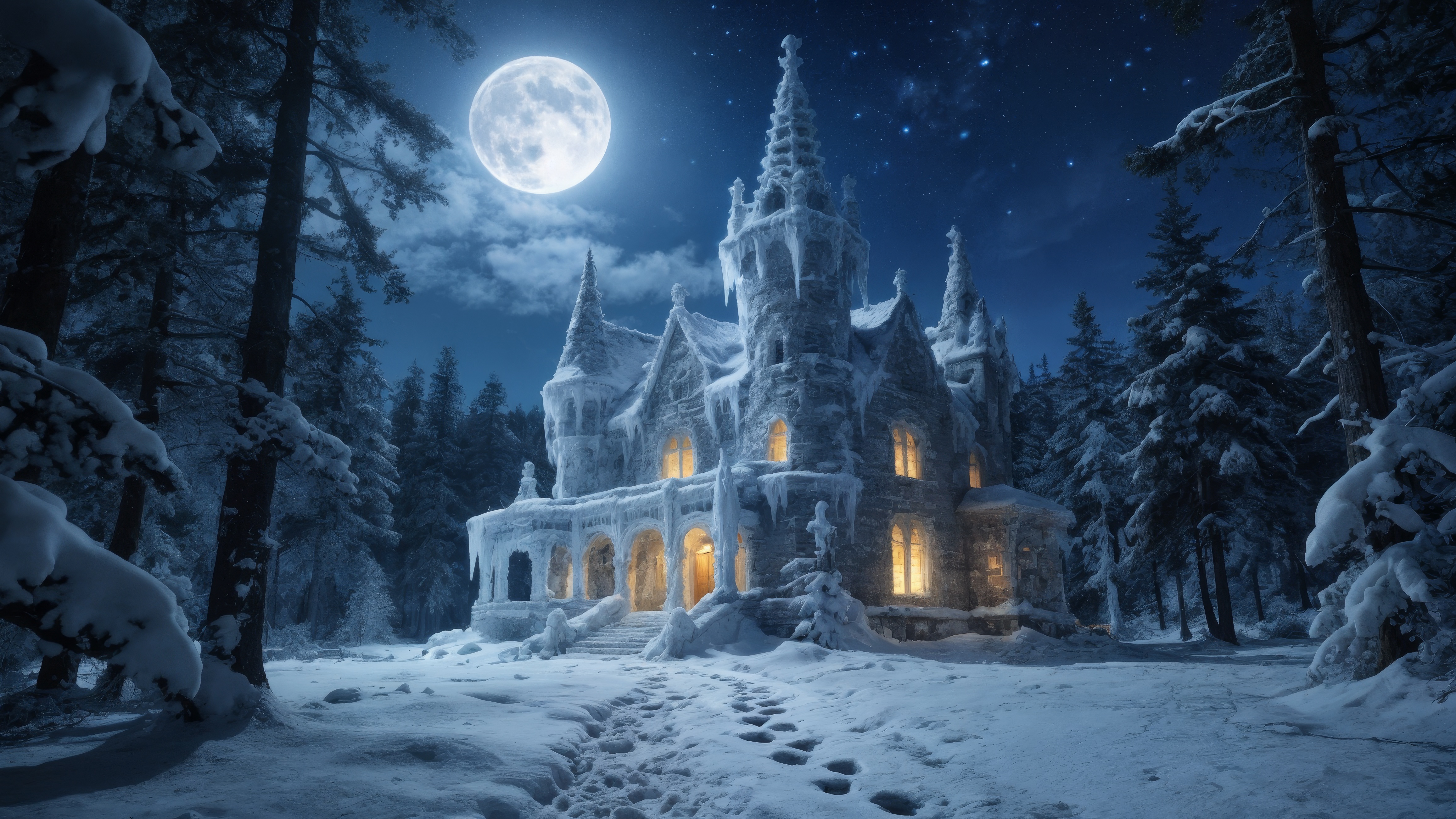 A large white castle sitting in the middle of a forest under a full moon