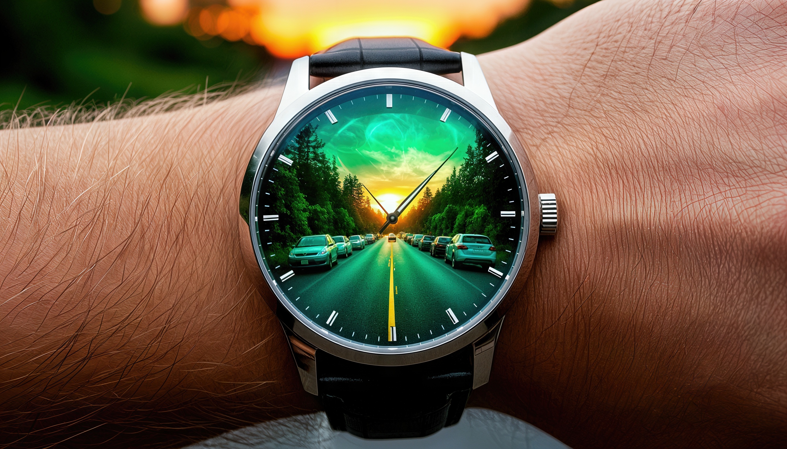 Бесплатное фото Наручные часы с циферблатом, на котором изображена дорога, уходящая вдаль.