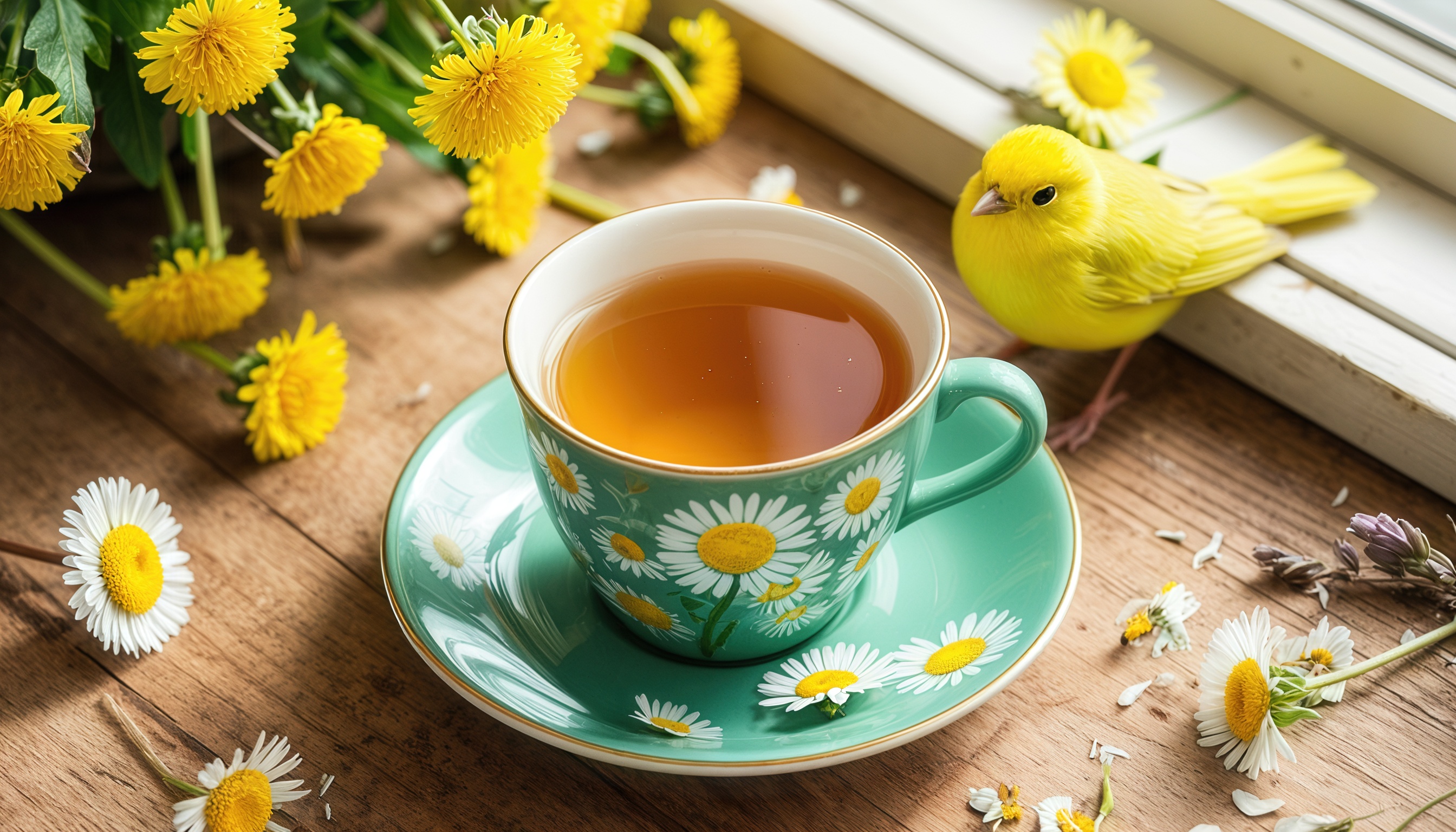 Бесплатное фото Чашка с чаем на блюдце с ромашками, рядом желтая канарейка на подоконнике.
