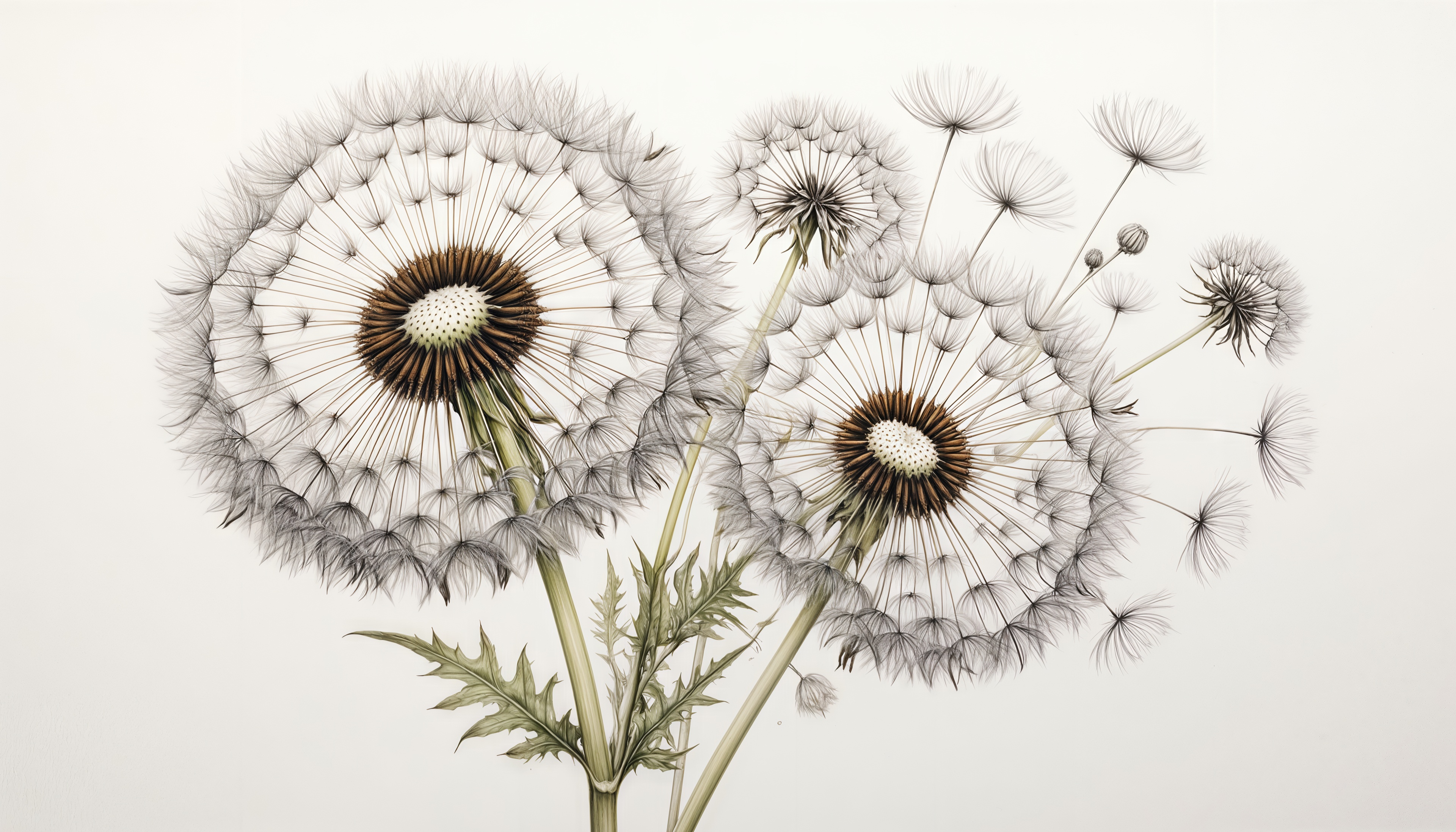 Бесплатное фото Пушистые одуванчики на минималистичном фоне - изящная графика.