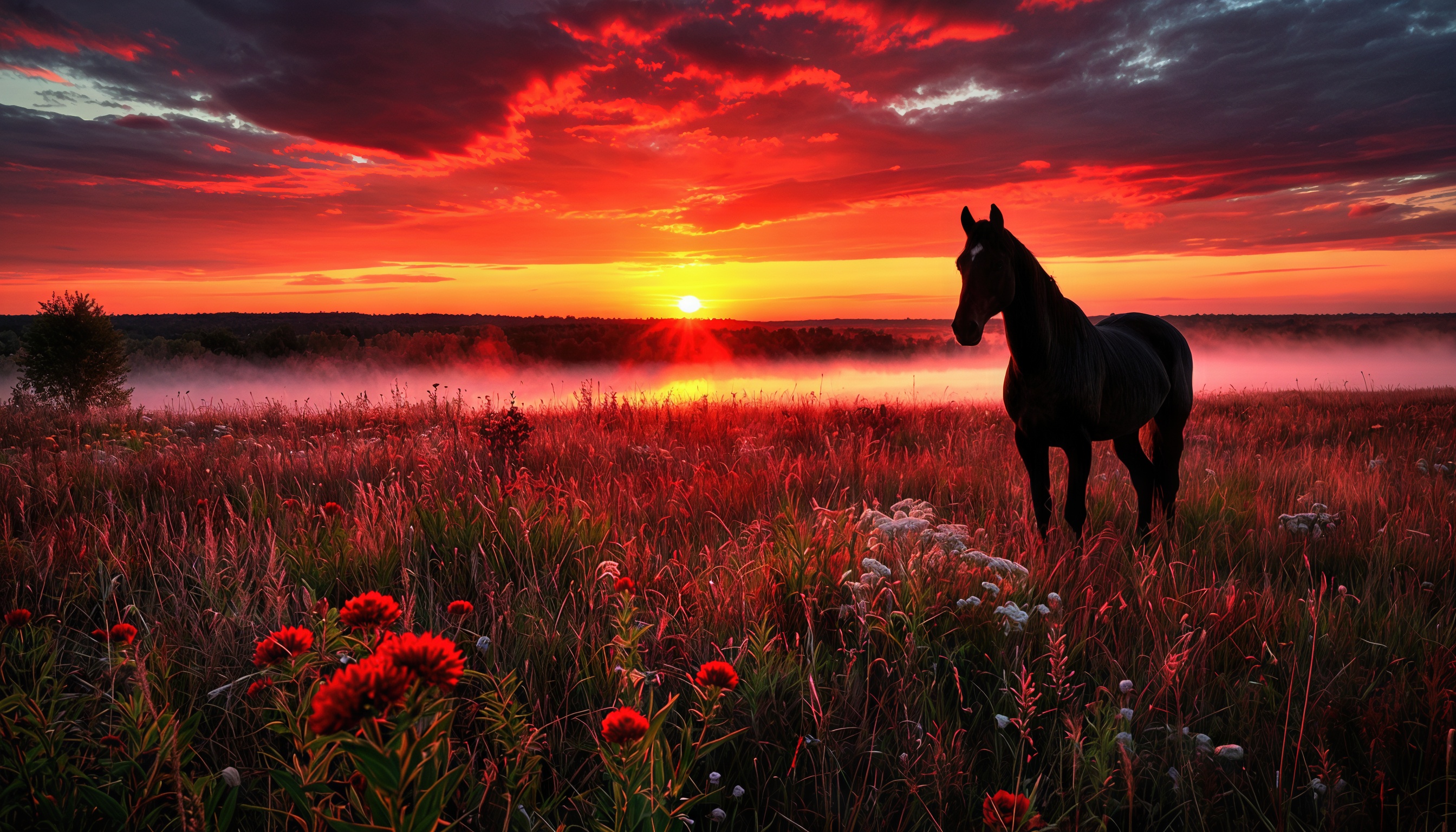 Силуэт коня на закате среди полевых цветов.
