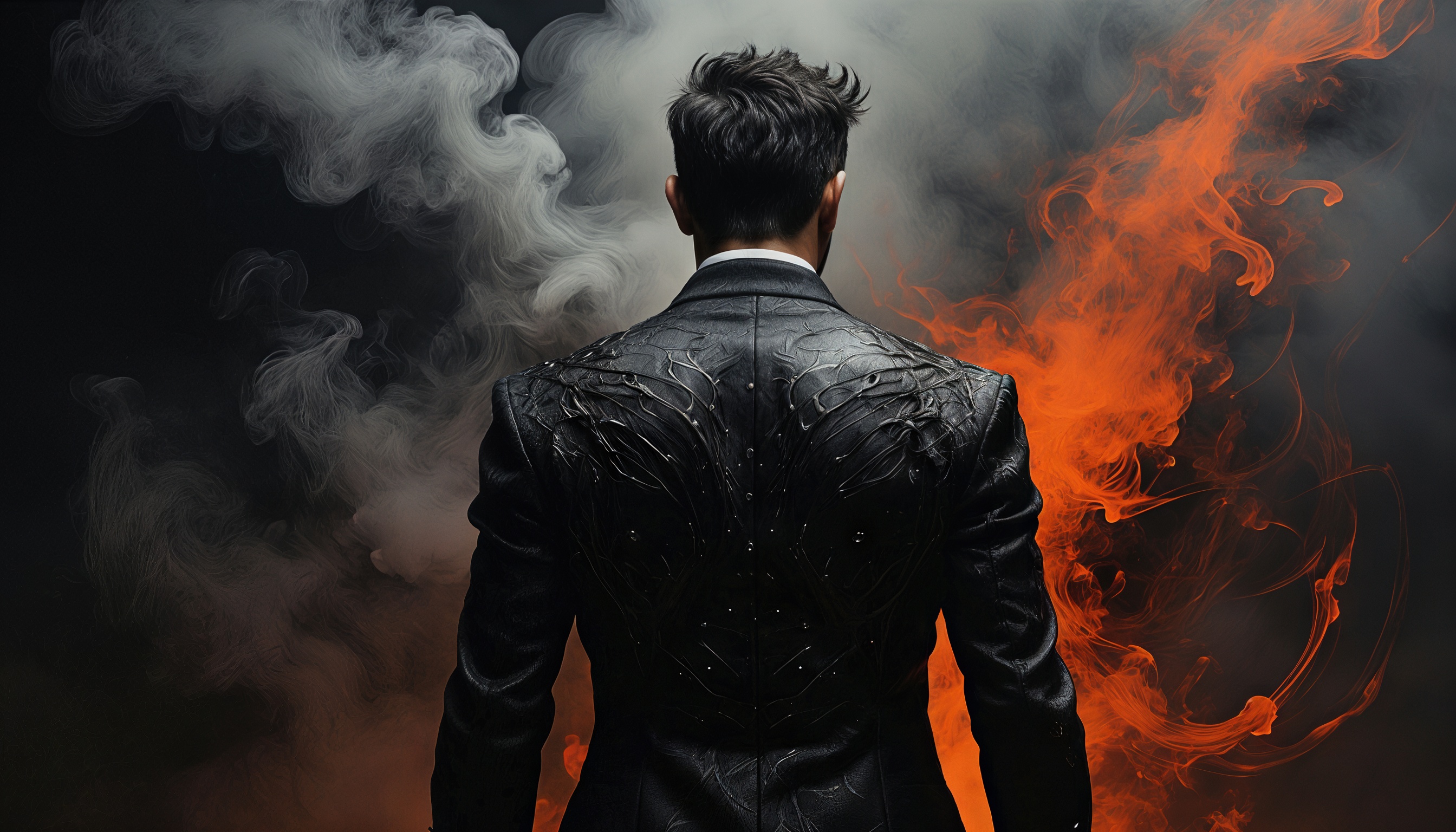 Бесплатное фото Мужчина в черном пиджаке на фоне дыма и пламени, символизирующий внутренний конфликт и силу.