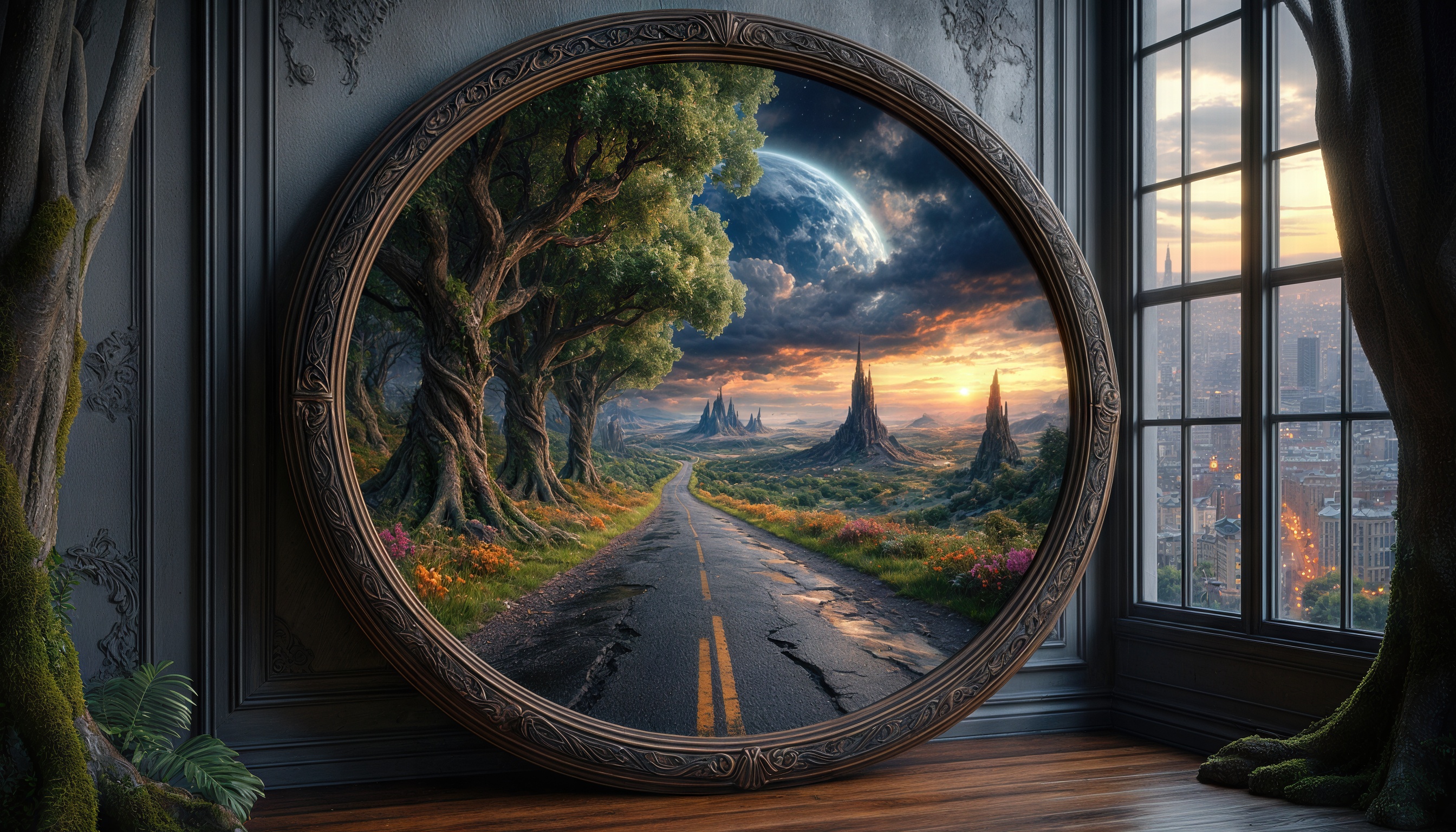 镜子门户反映了一个梦幻般的景观与道路，山脉和塔在日落背景。