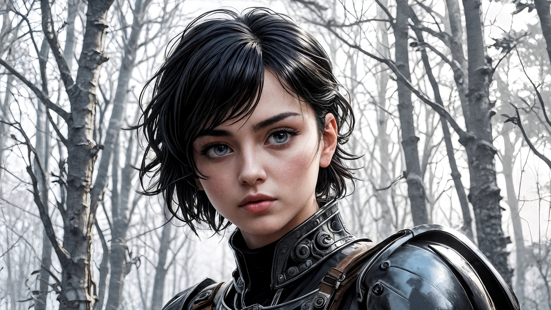 Бесплатное фото Портрет девушки брюнетки в черных доспехах на фоне леса