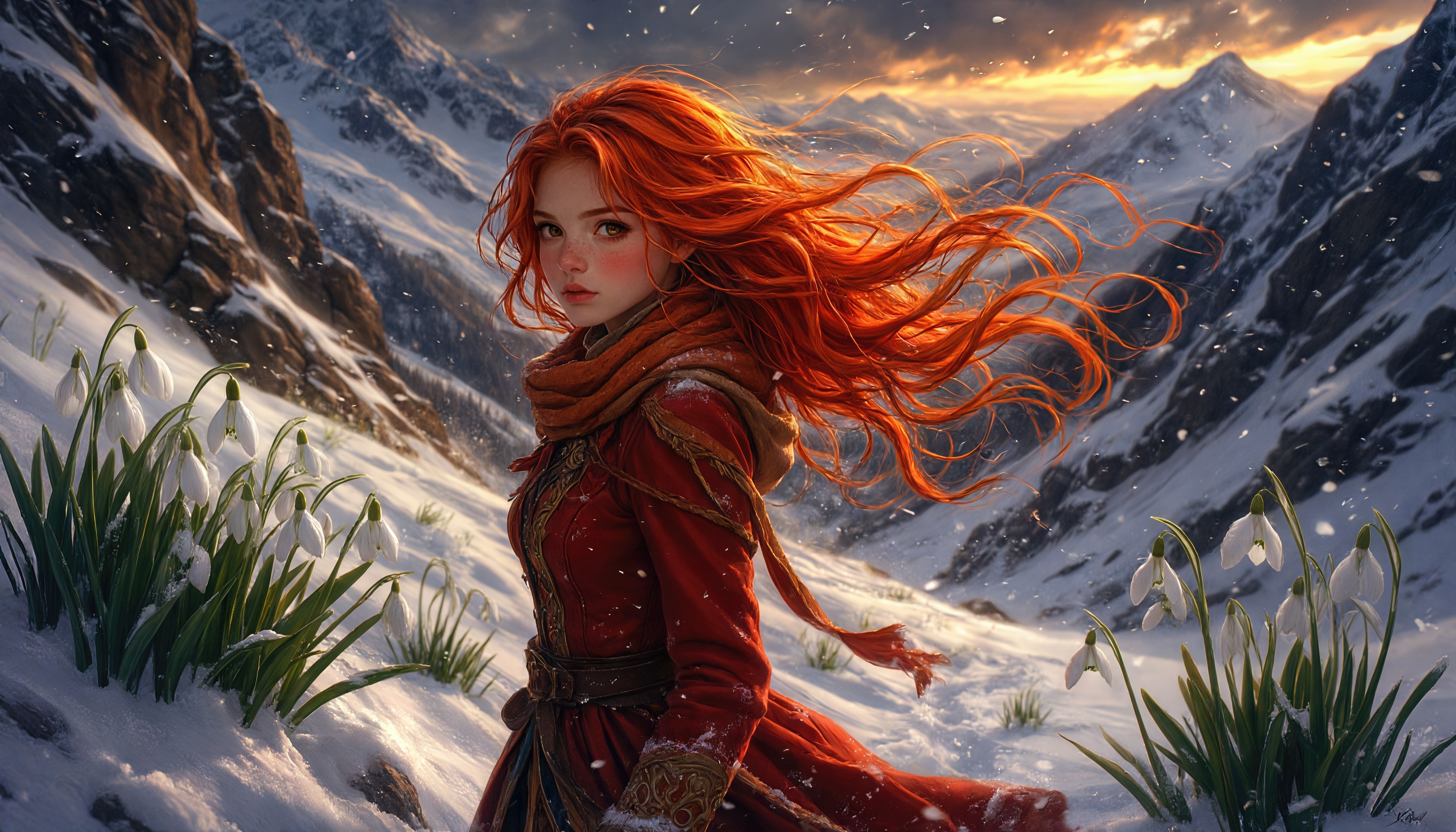 Free photo A girl in a red raincoat against the background of an early spring landscape and snowdrops.