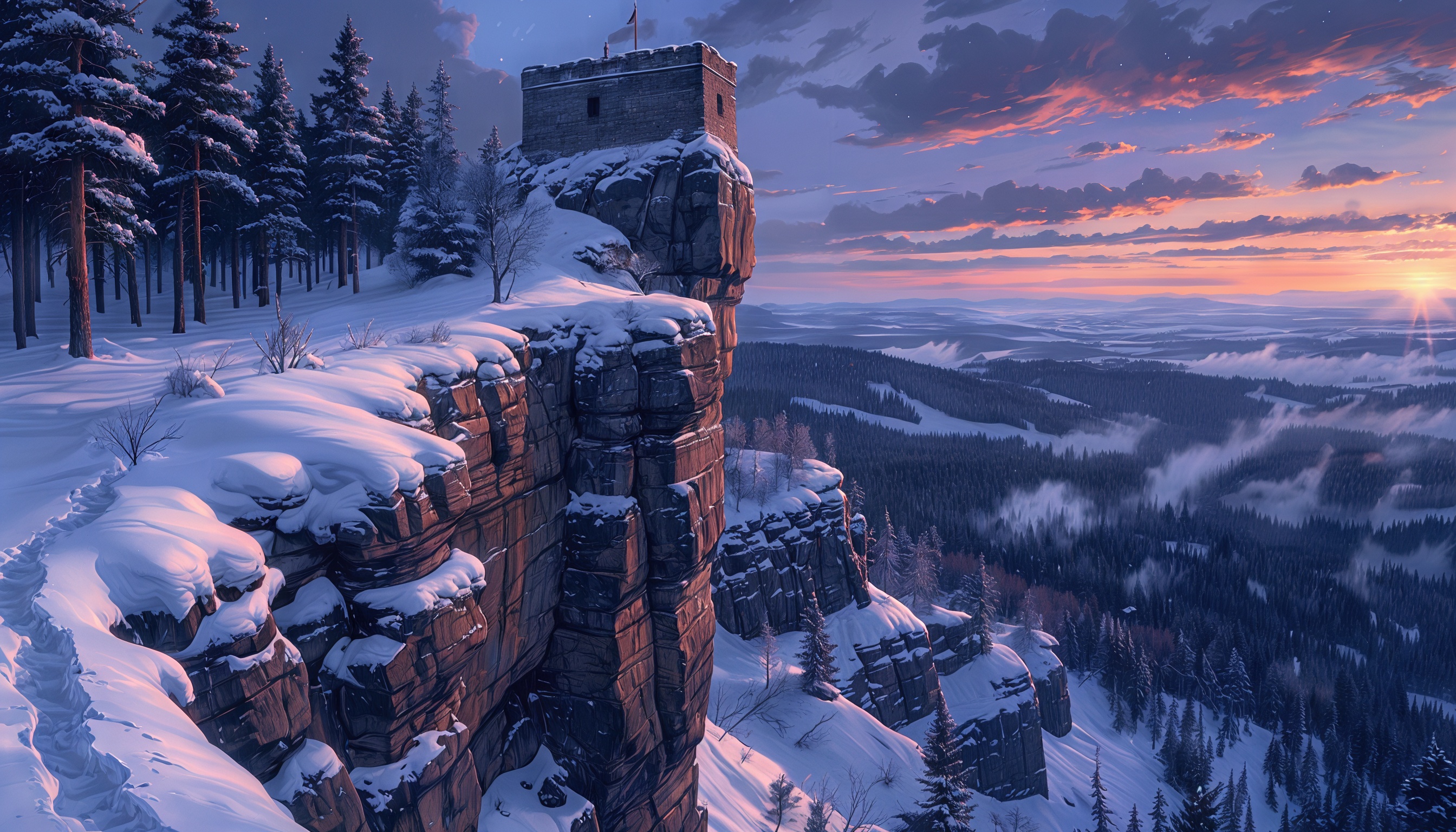 Бесплатное фото Форт на скале встречает зимний закат среди заснеженного леса.