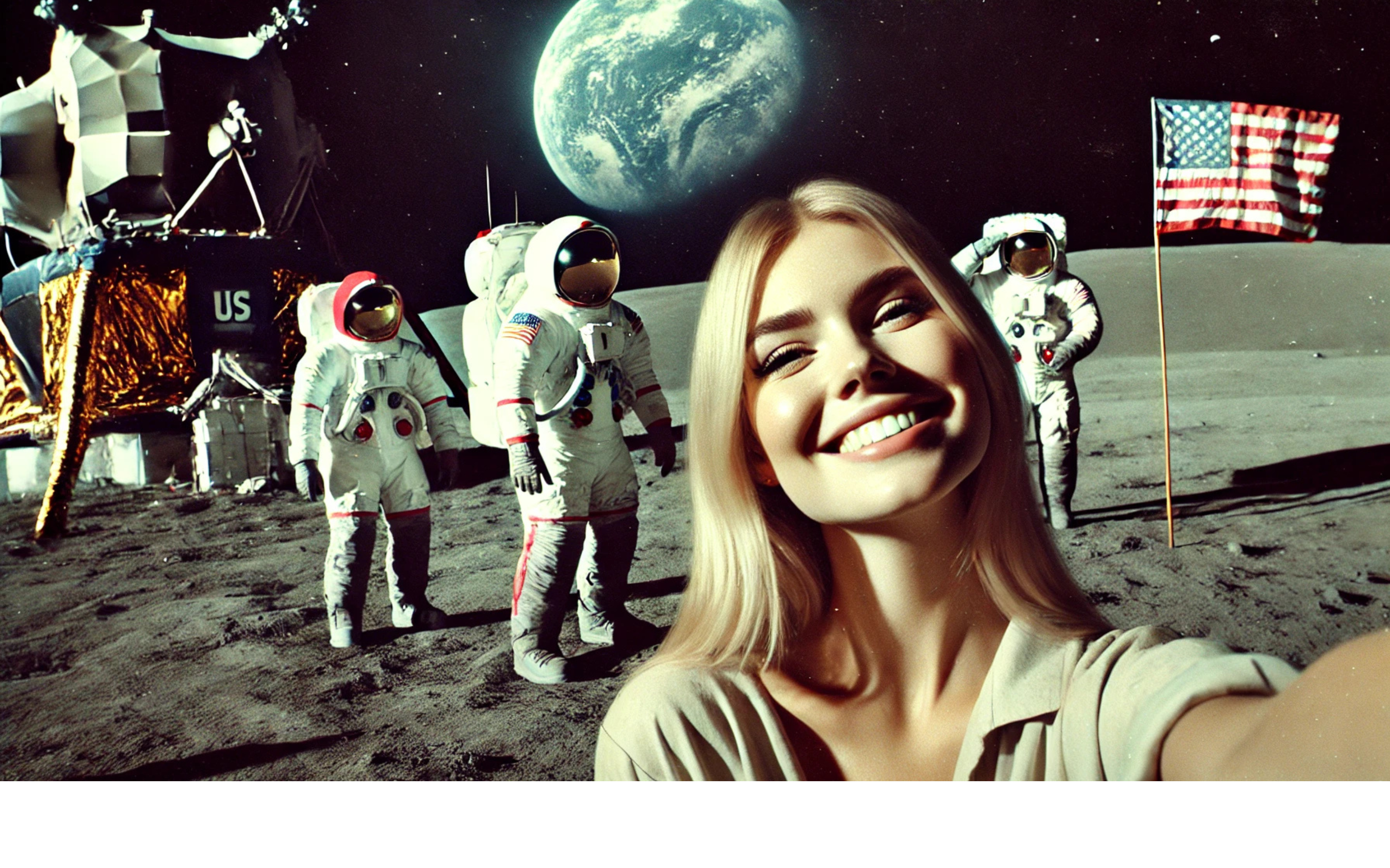 Бесплатное фото Молодая, улыбающаяся, голубоглазая женщина блондинка на Луне