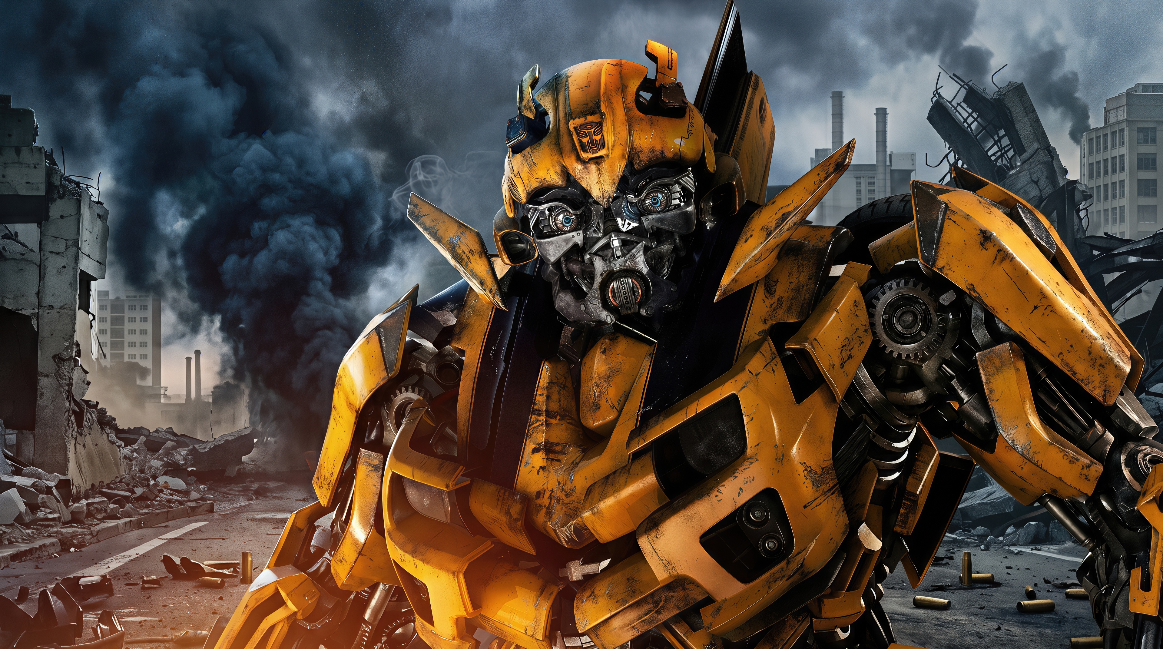 Free photo The legendary autobot Bumblebee in combat yellow armor poses in close-up against the backdrop of a destroyed city and smoke.