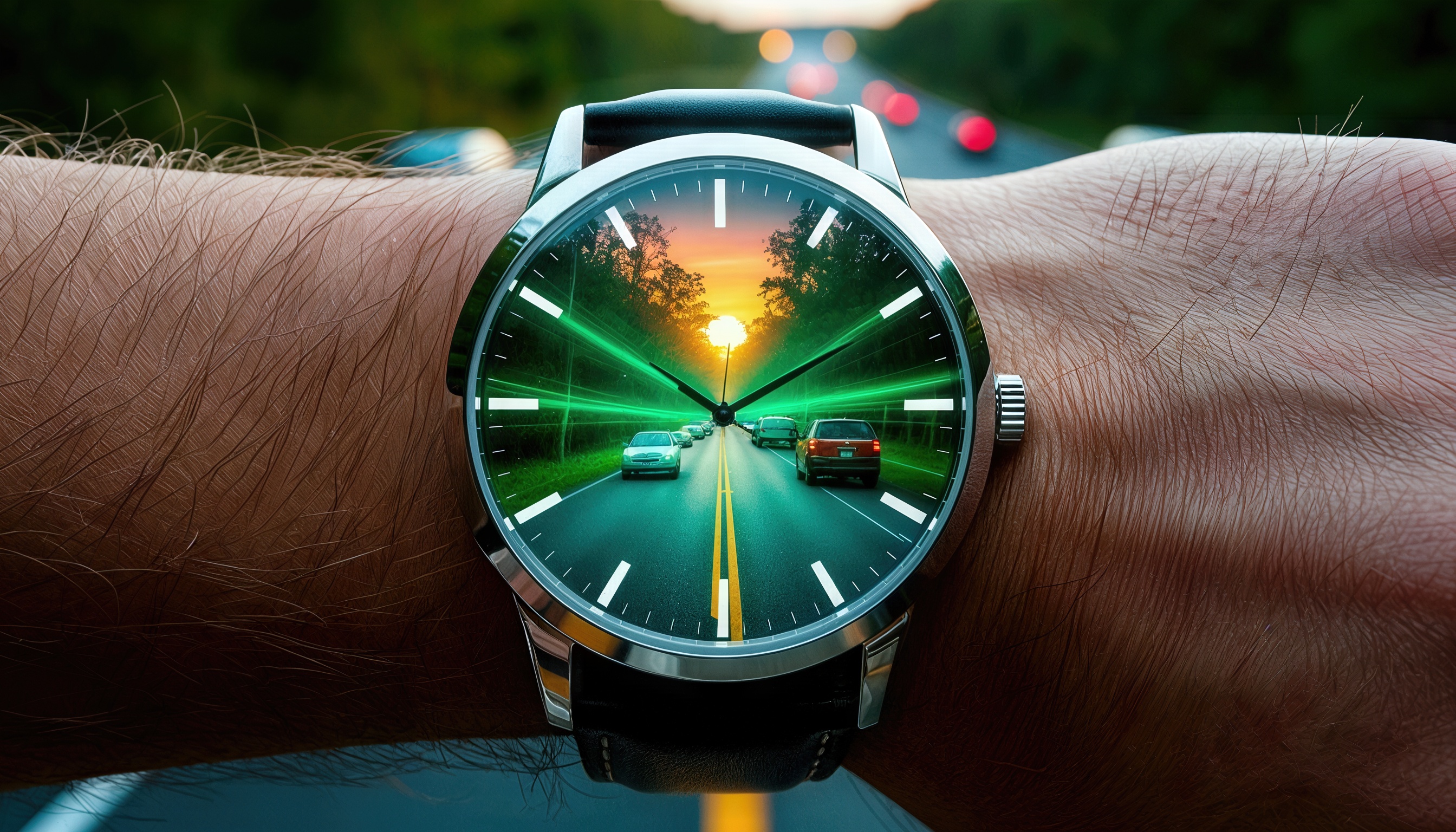 Бесплатное фото Часы с изображением и продолжением дороги.