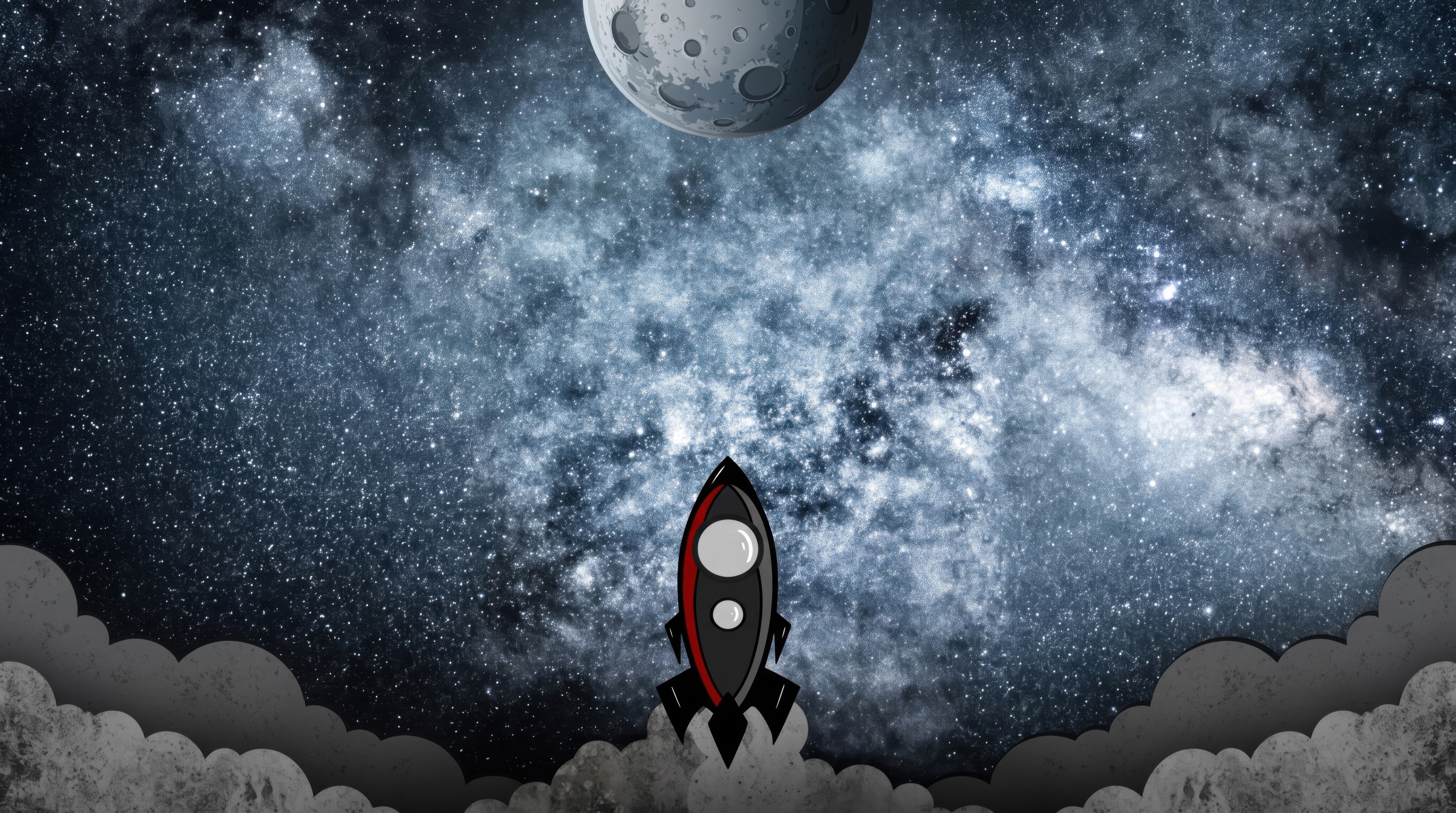 Free photo A cartoon rocket makes its way through clouds of smoke towards distant stars and a mysterious moon.