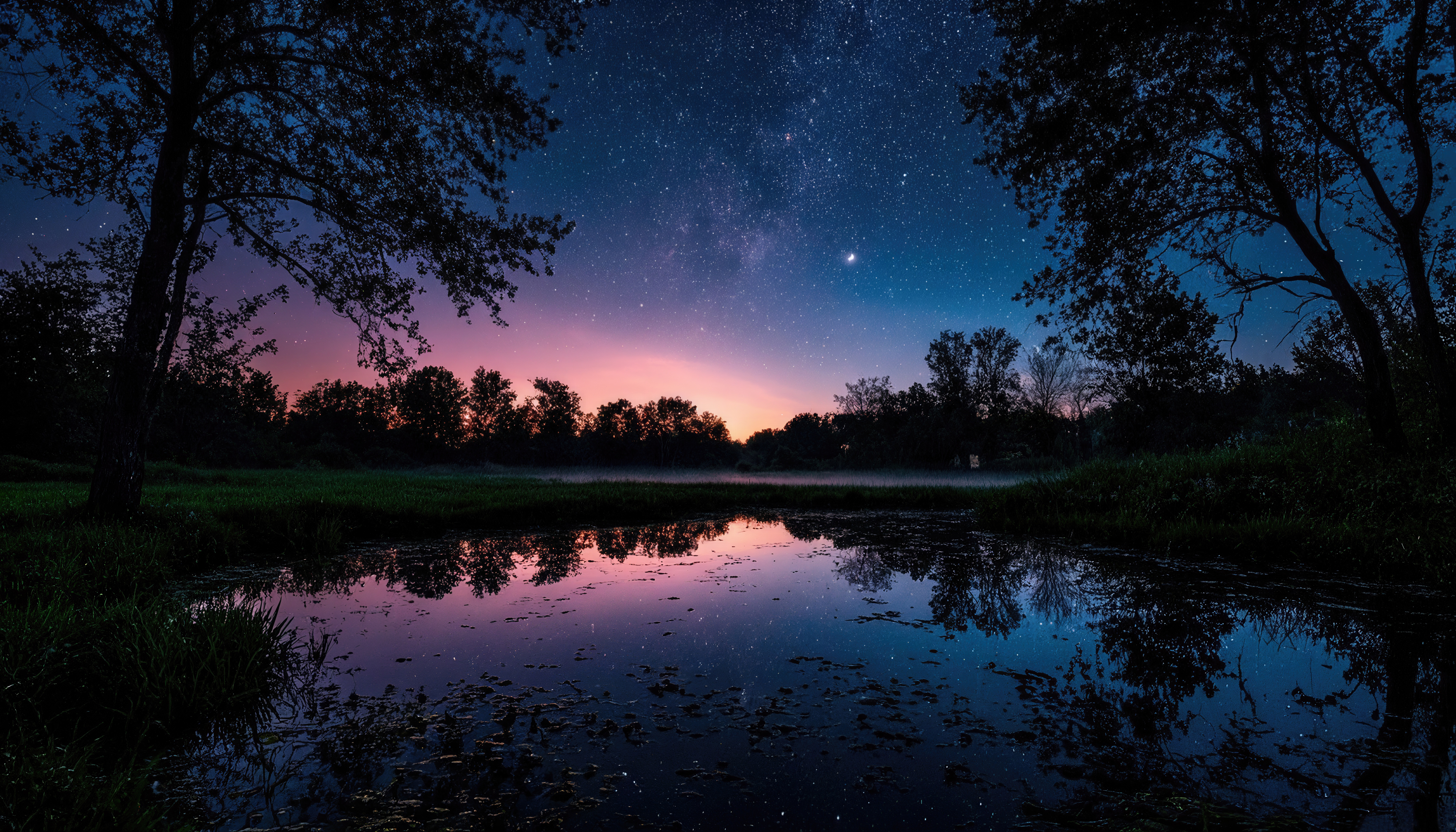 Бесплатное фото Млечный Путь зеркально дрожит в глади пруда, окутанного ночной тишиной и дымкой тумана.