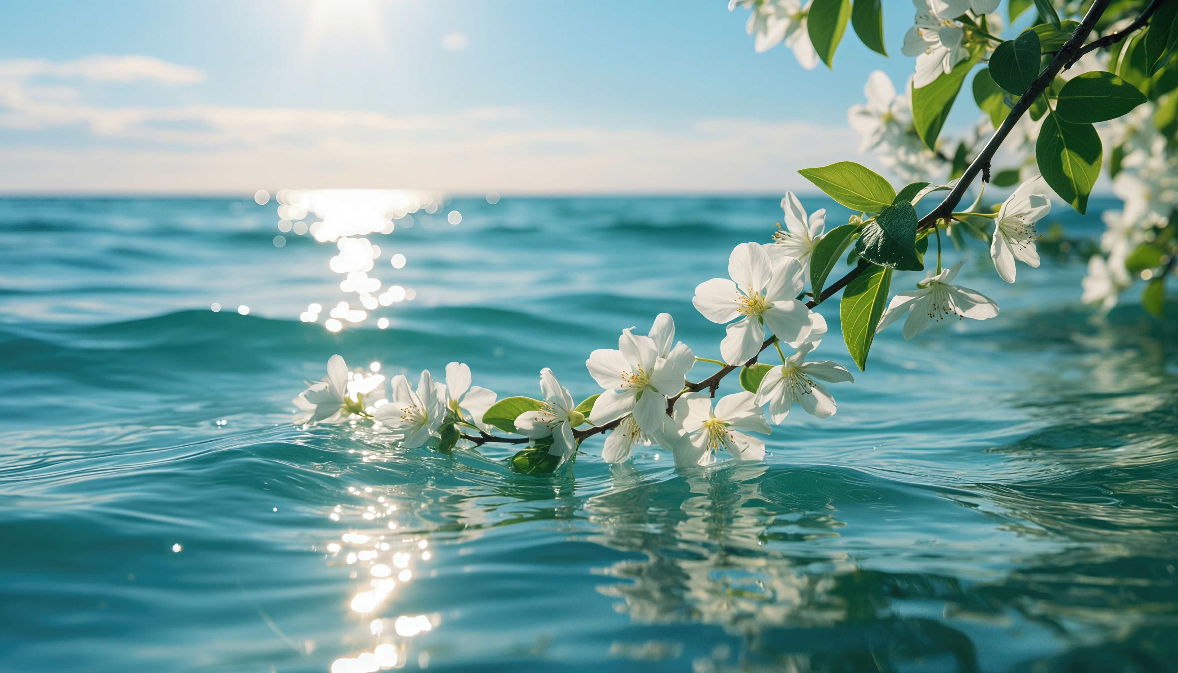 Free photo A flowering branch touches the turquoise surface of the surf.
