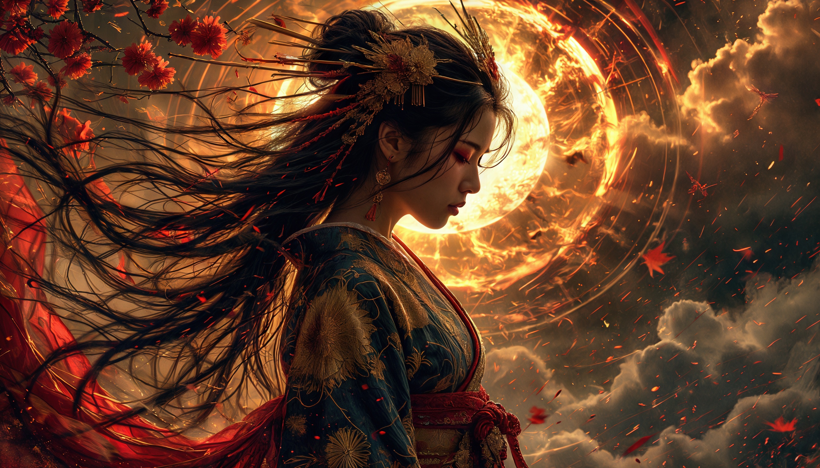 Аматэрасу в кимоно на фоне заката с золотыми и красными аксессуарами, создающее атмосферу японской мифологии.