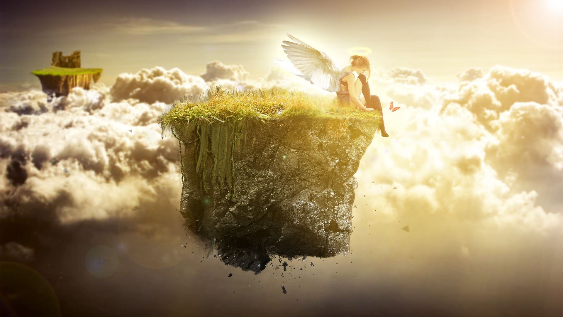 An angel sits on a levitating island in the clouds