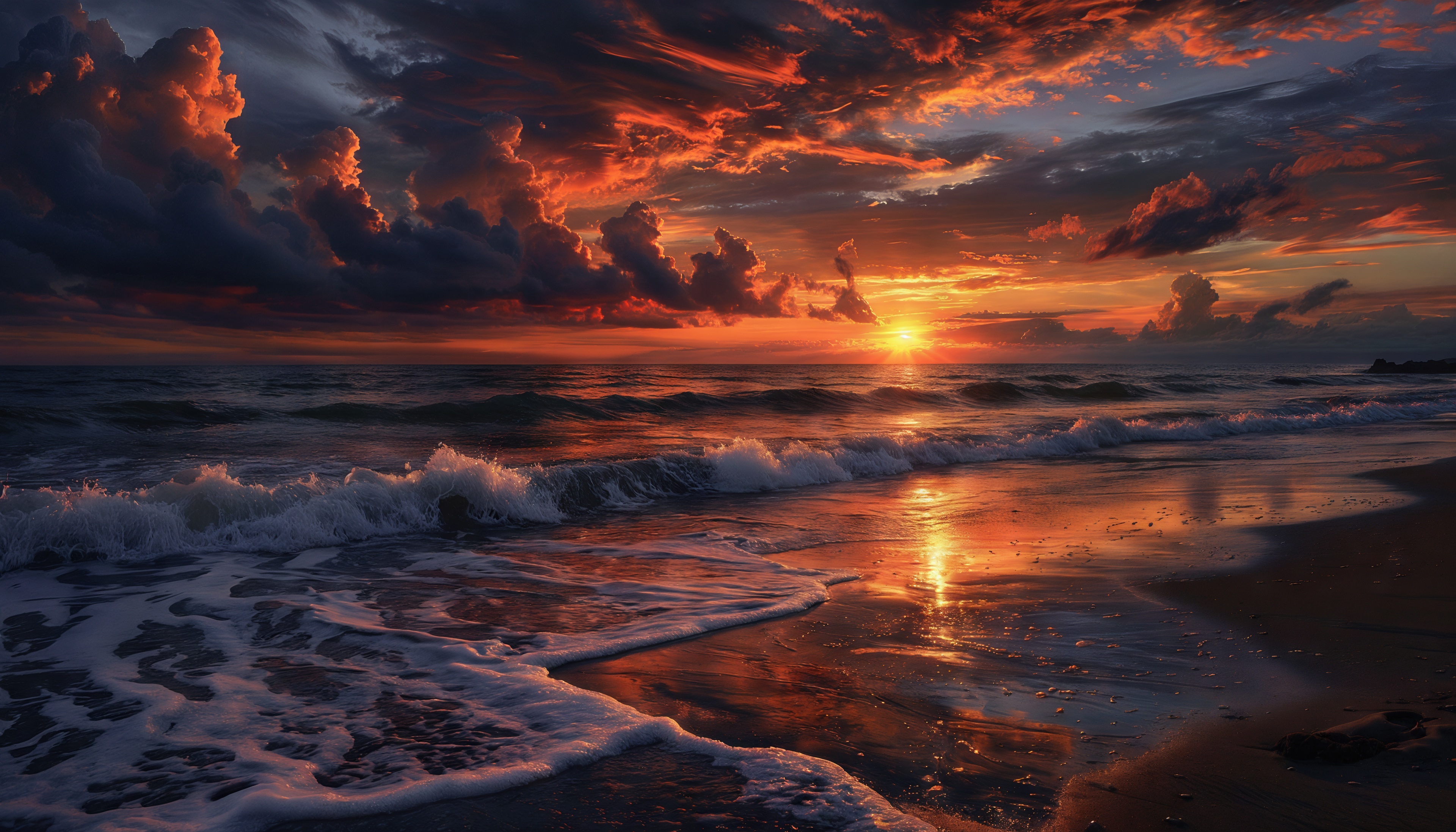 Free photo Dramatic sunset over the sea, waves rolling on the shore.
