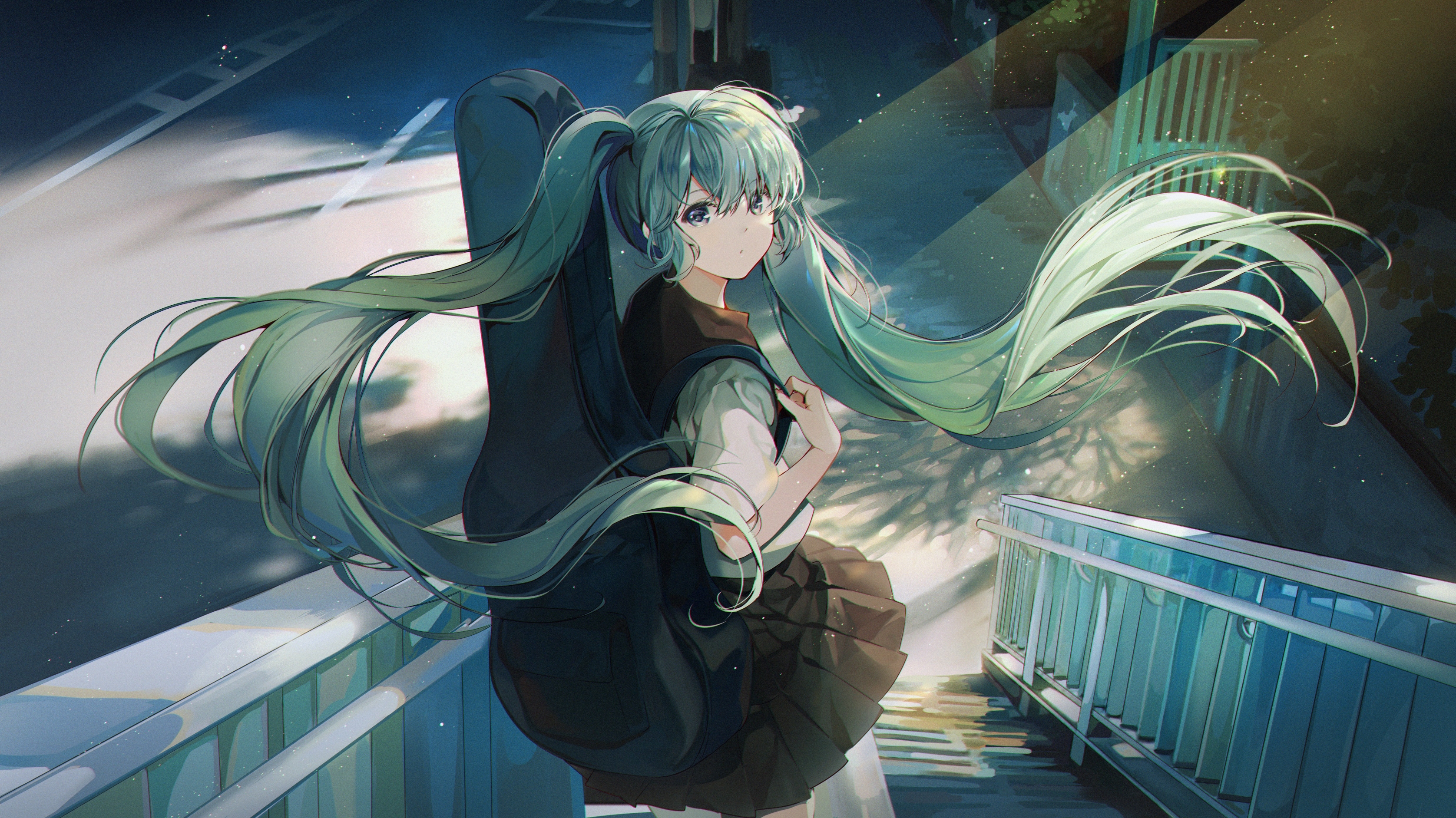 桌面上的壁纸初音未来壁纸 双尾裙 校服