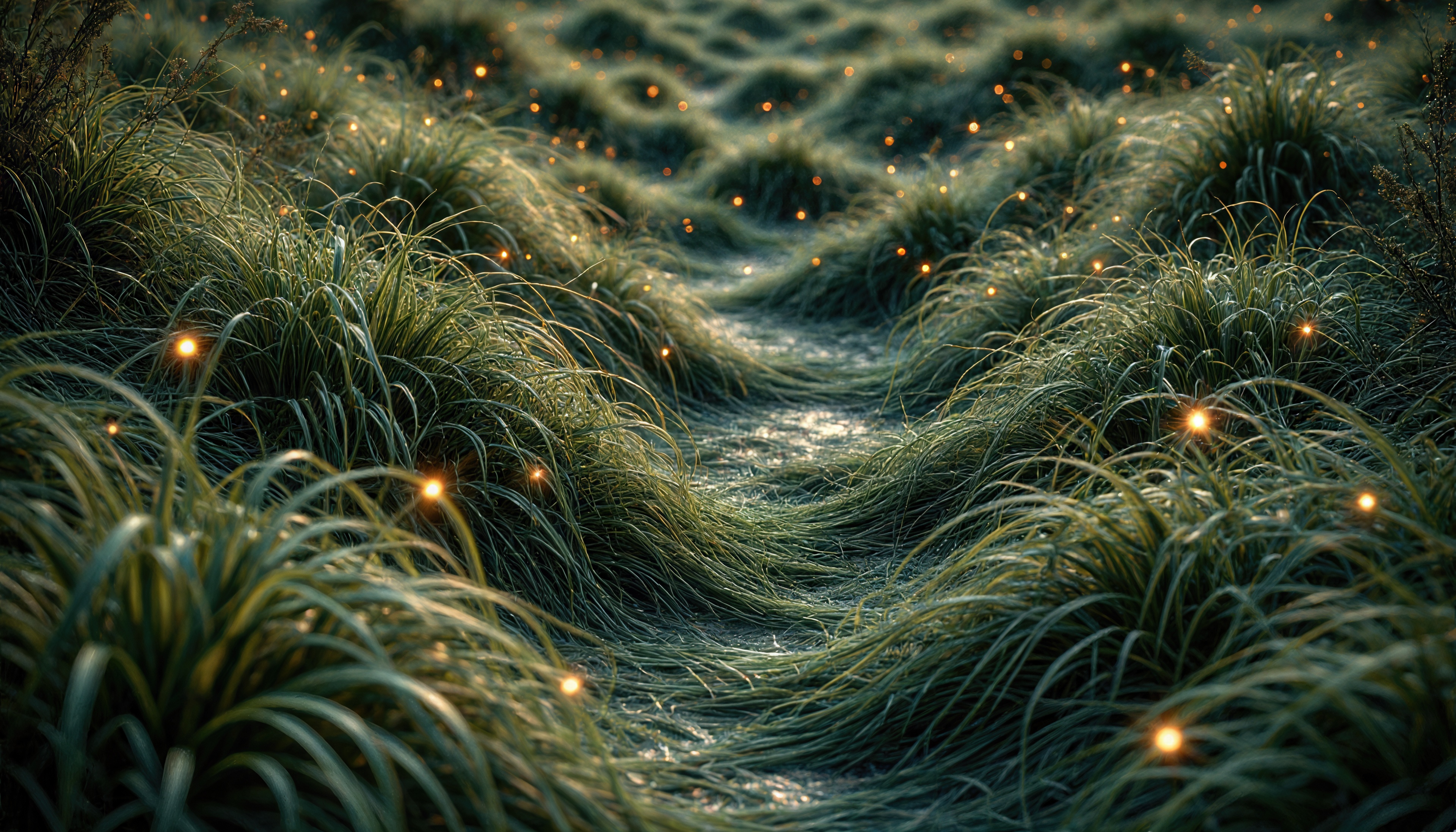Free photo A mysterious path in a grassy maze, illuminated by twinkling lights.