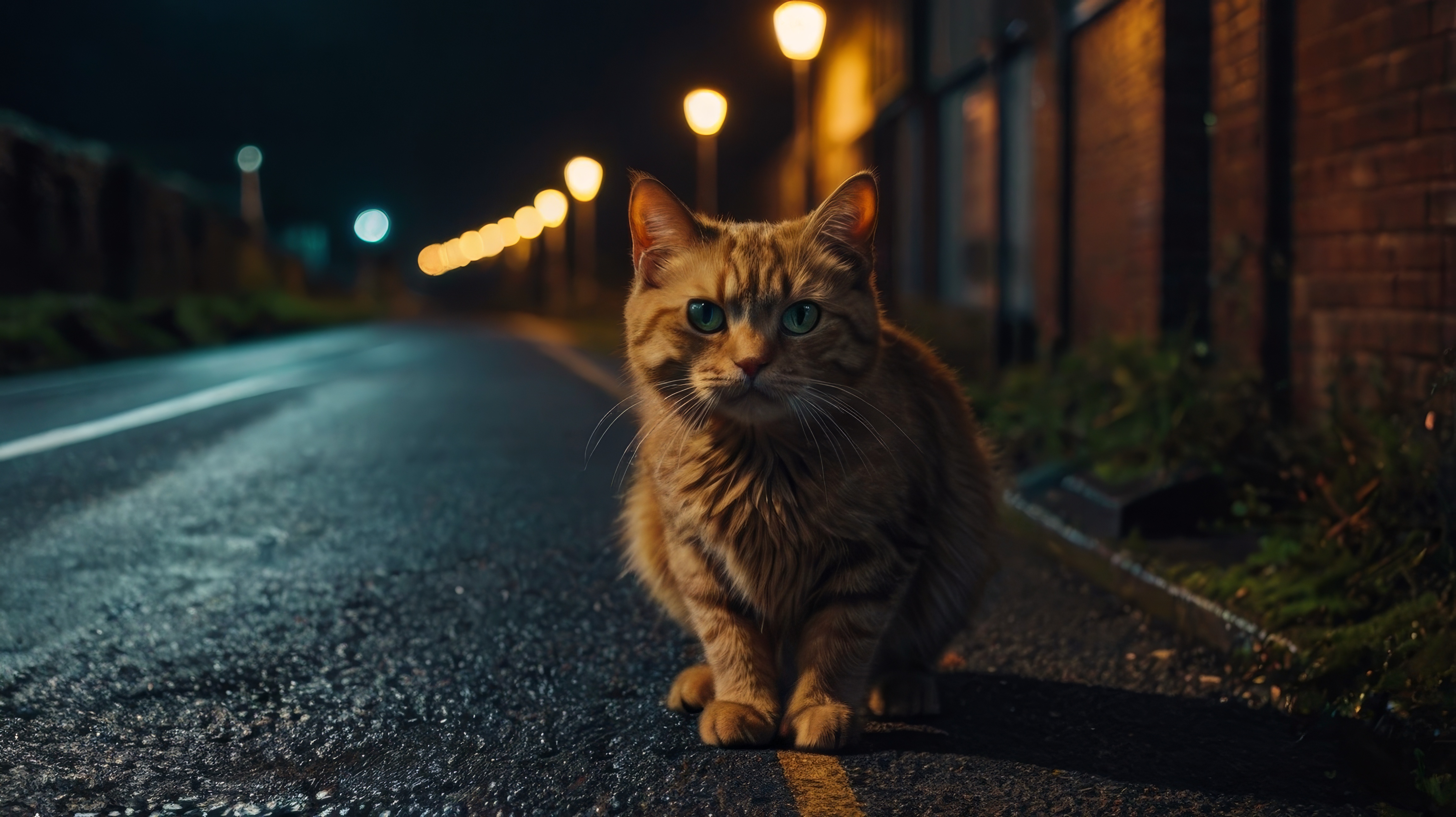 An orange cat walking across a street at night