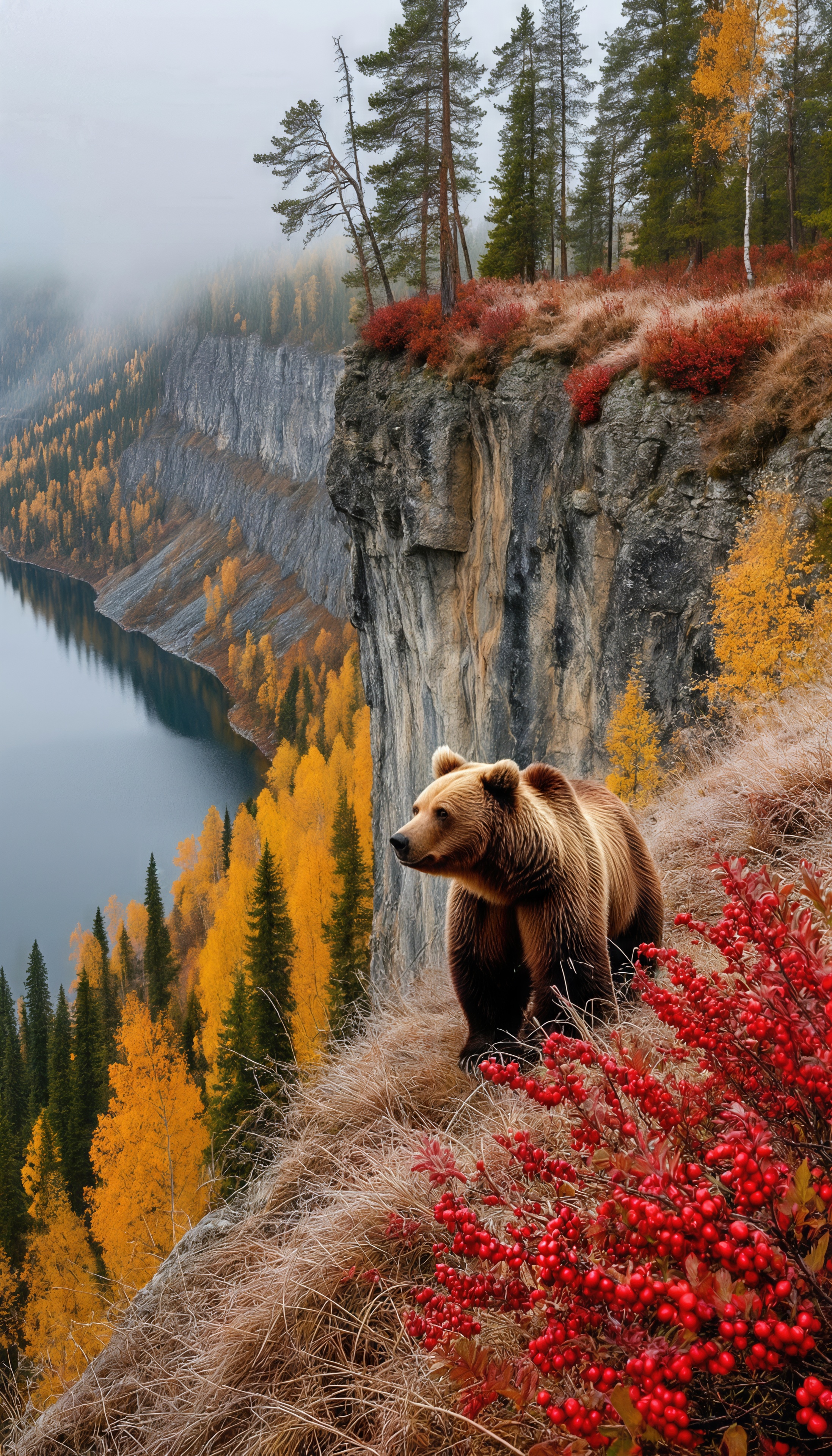 Free photo A brown bear on the edge of a cliff in the middle of an autumn forest.