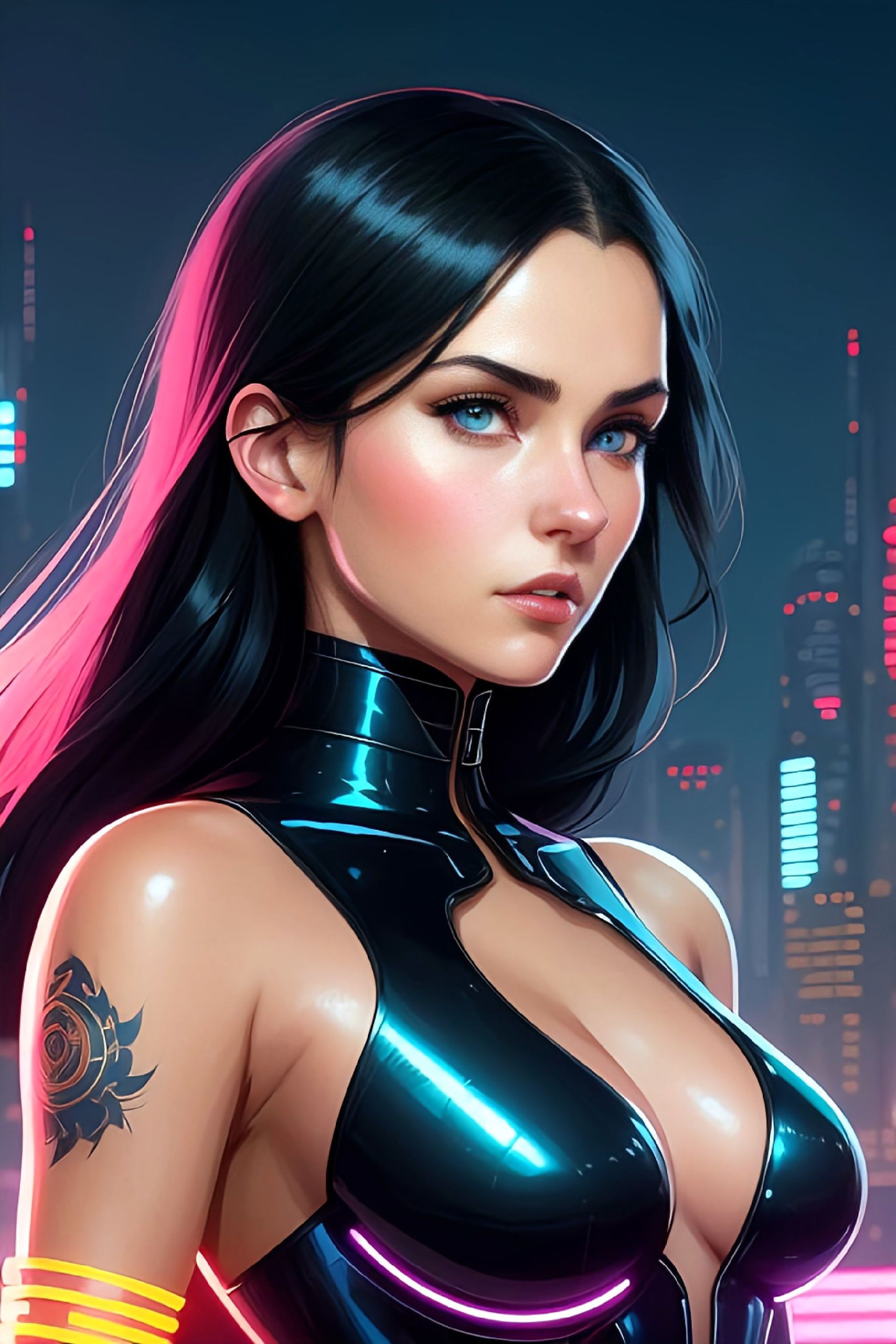 Free photo A girl in a tight black bodysuit with a tattoo on her shoulder.