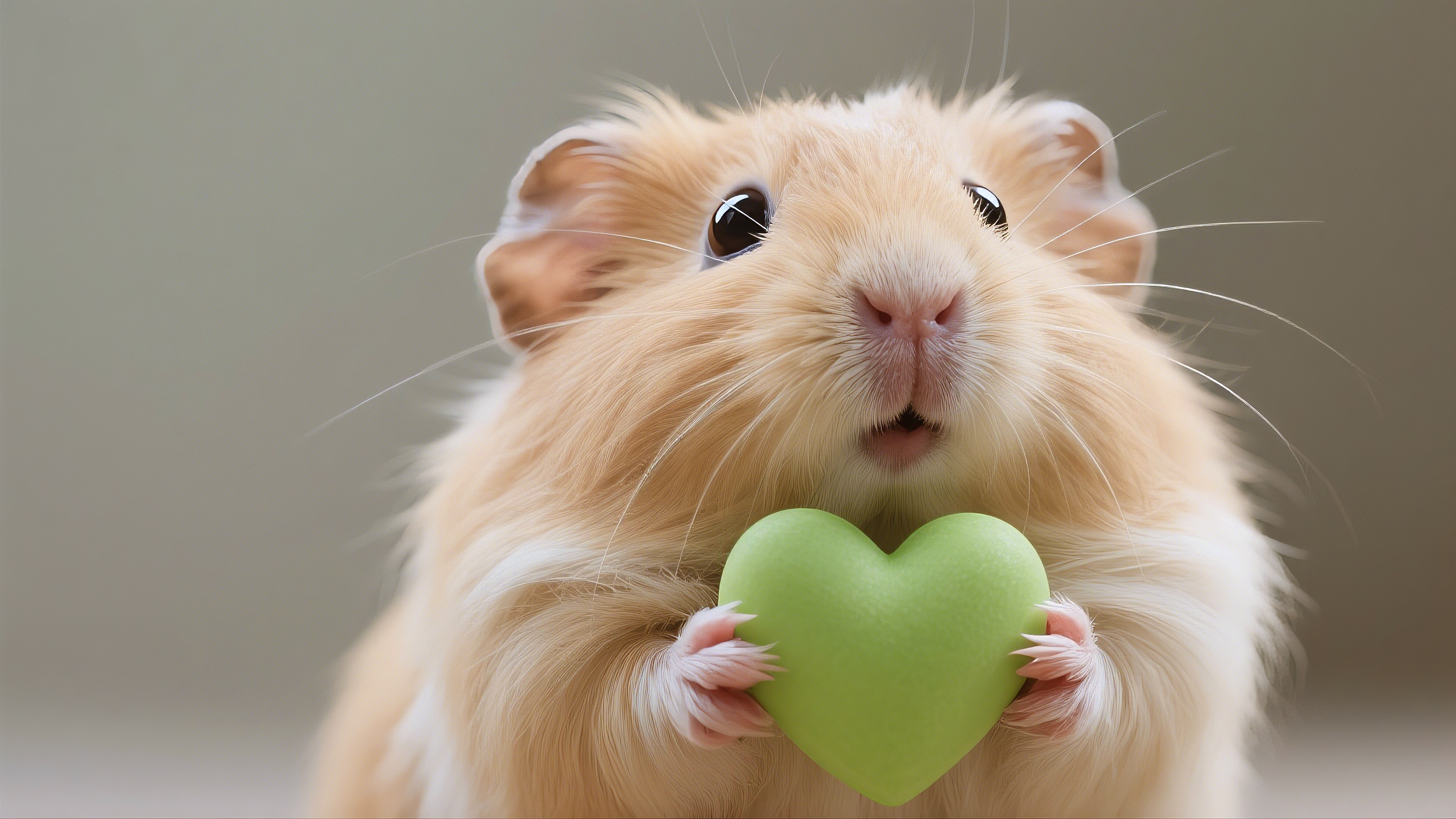 Бесплатное фото Хомячок широко раскрыл рот и держит в нем зеленое сердце.
