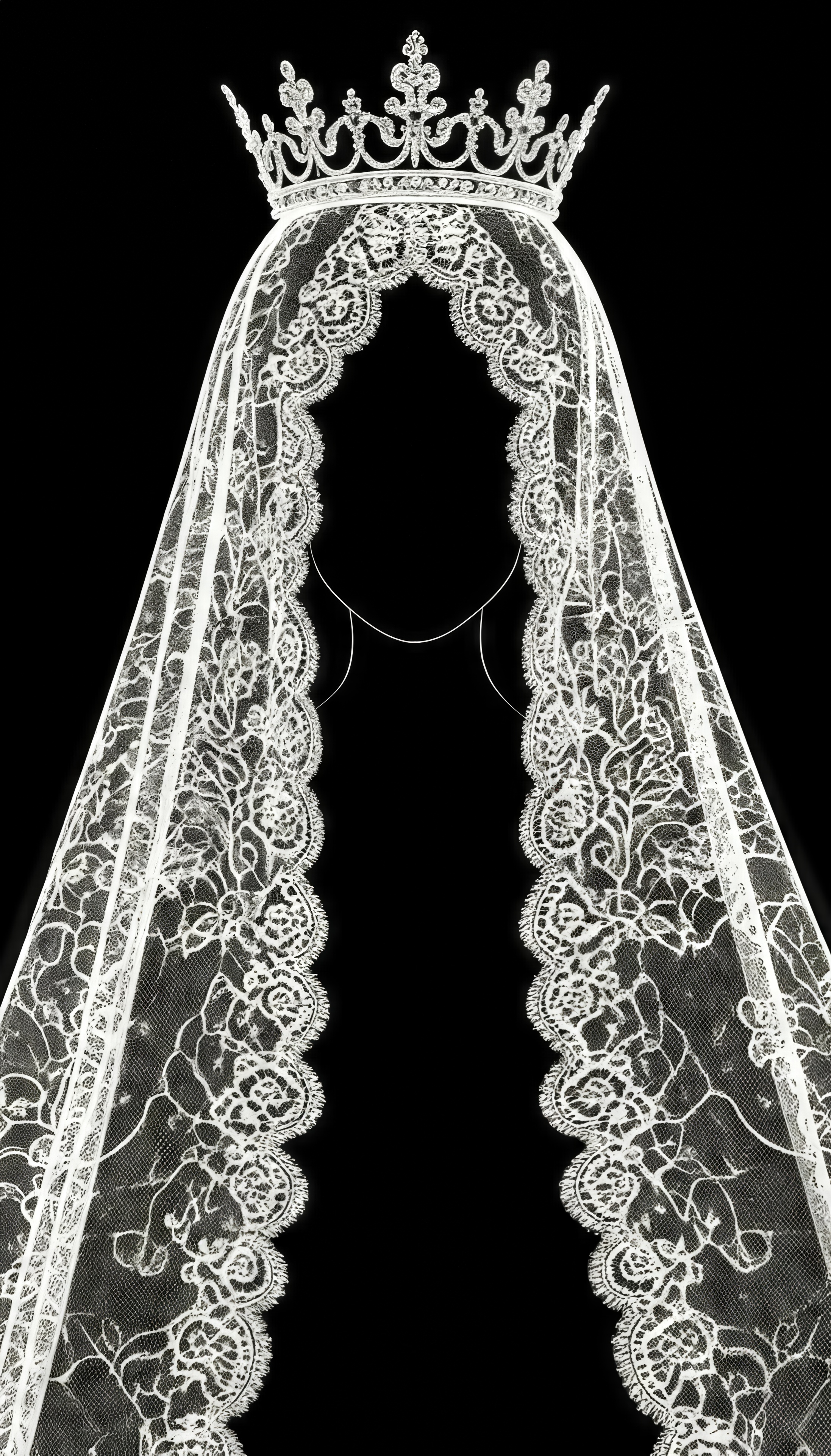 Free photo Graphic outline of a female silhouette under a long white wedding veil with patterns and a crown.