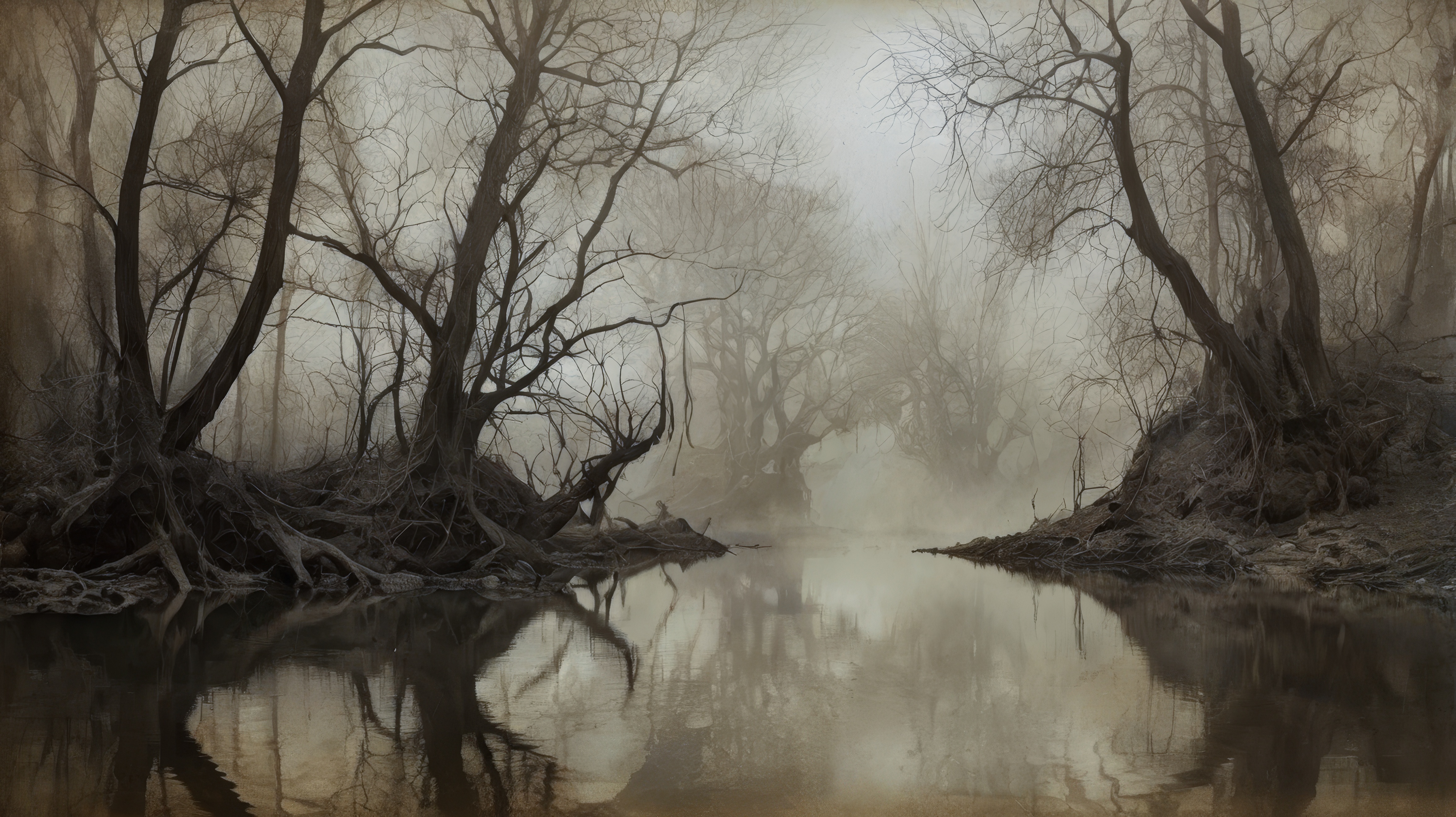 Картина с изображением тумана и деревьев с водой