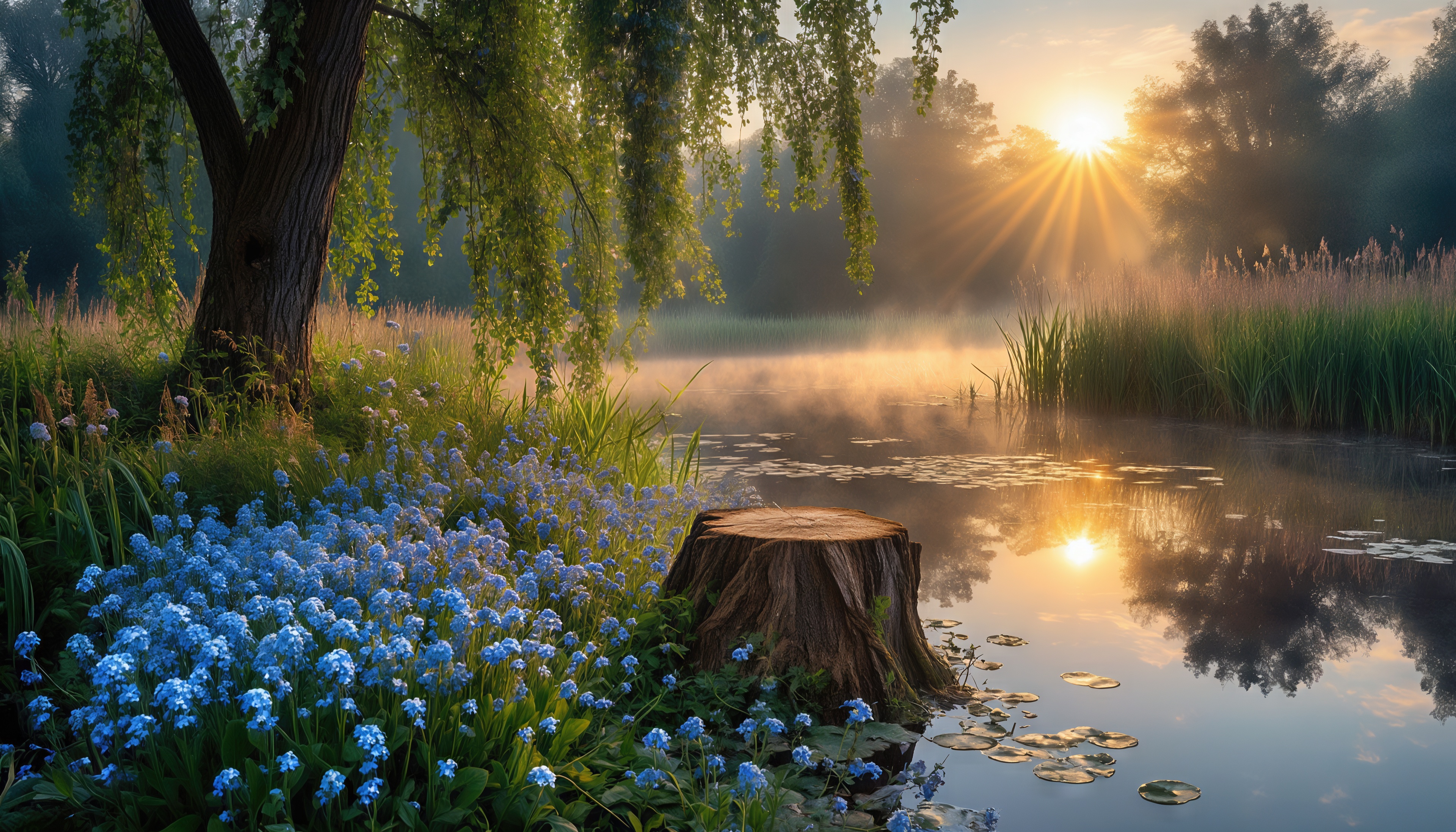 Бесплатное фото Утренняя идиллия: незабудки у пня на берегу озера, солнечные лучи в тумане.