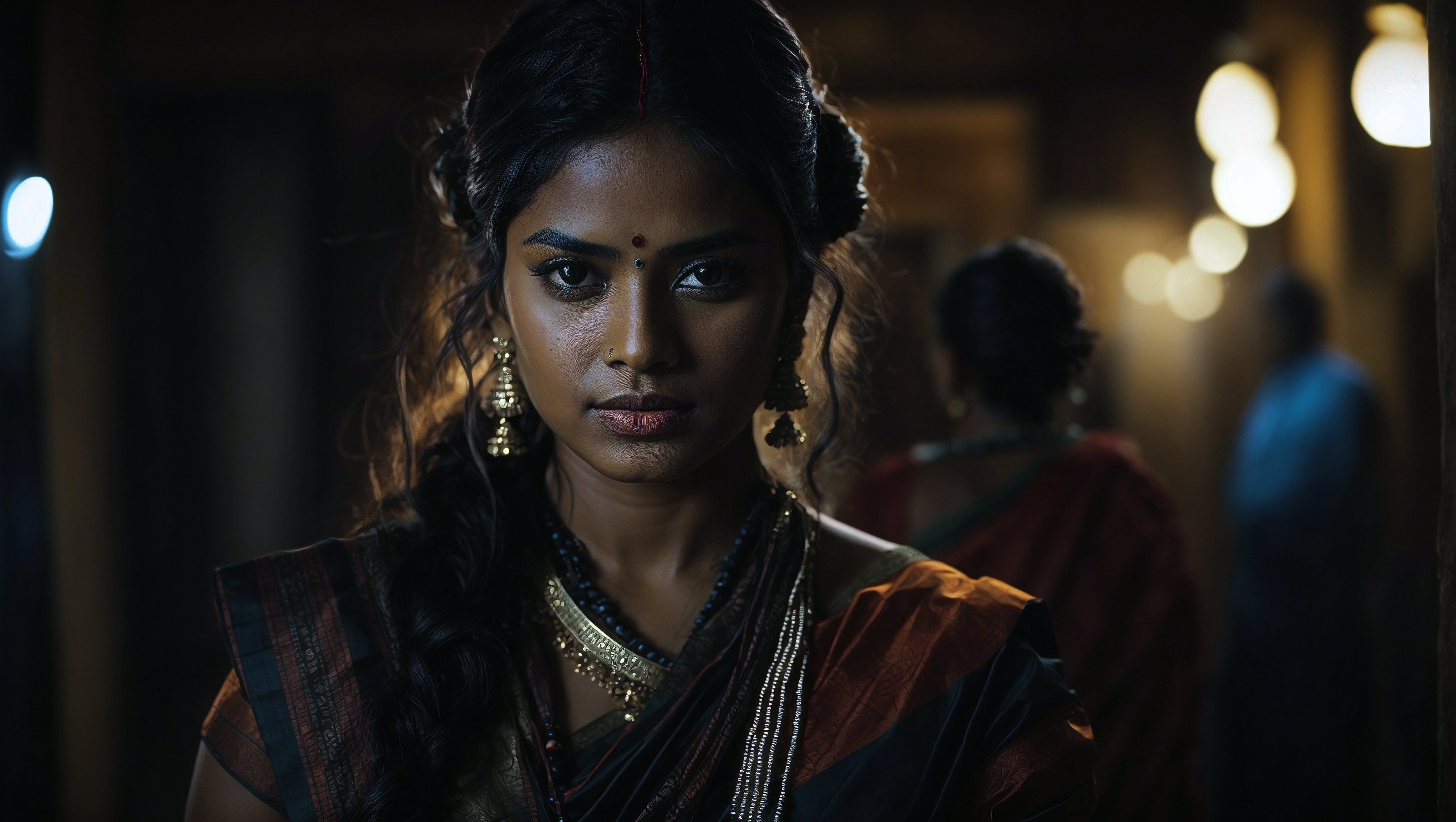 Женщина в традиционной индийской одежде смотрит в камеру