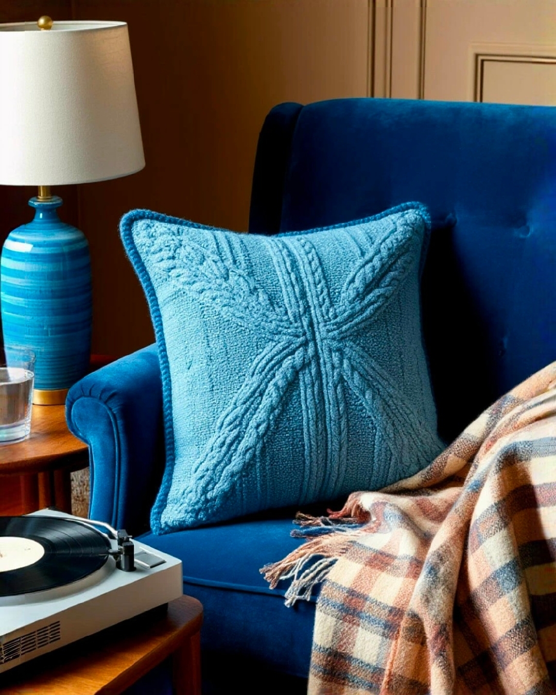 Free photo The cozy interior is decorated in rich blue tones