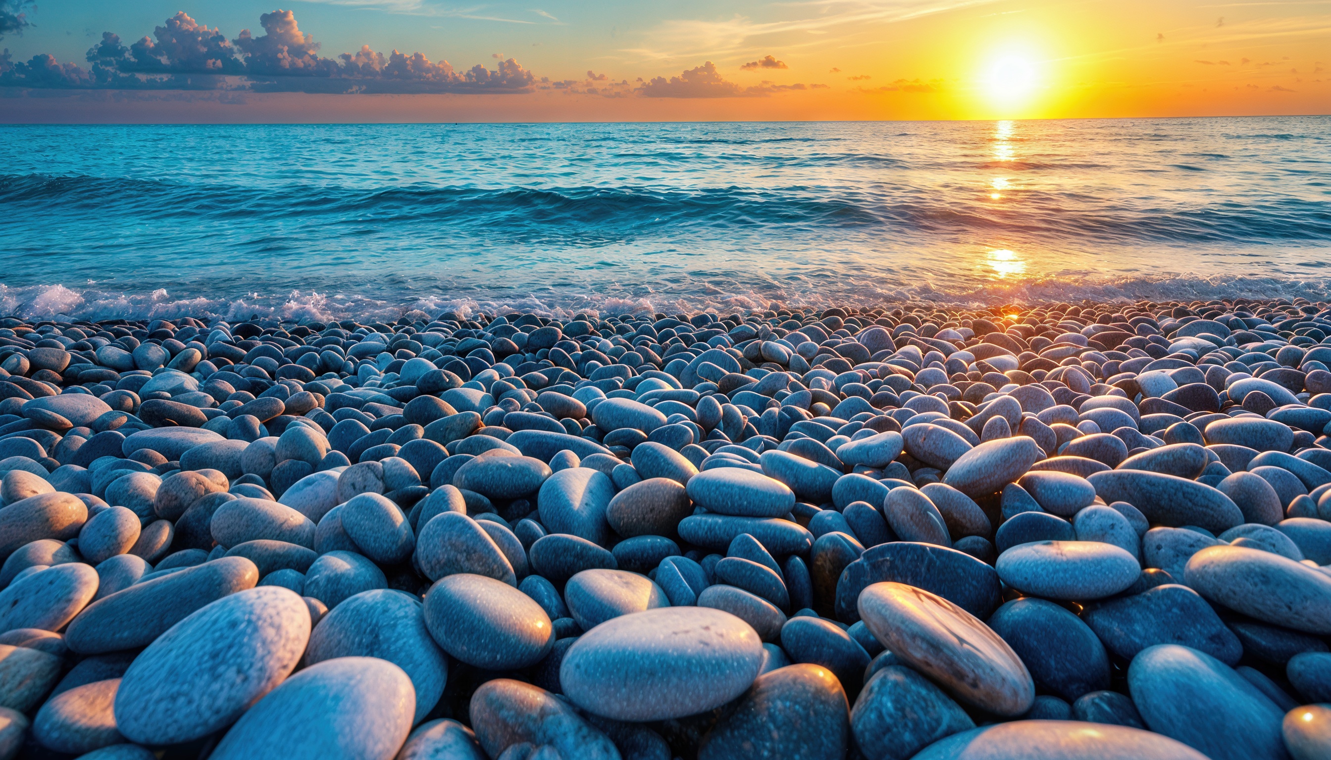 Бесплатное фото Закат окрасил море золотом, галька блестит в лучах солнца.