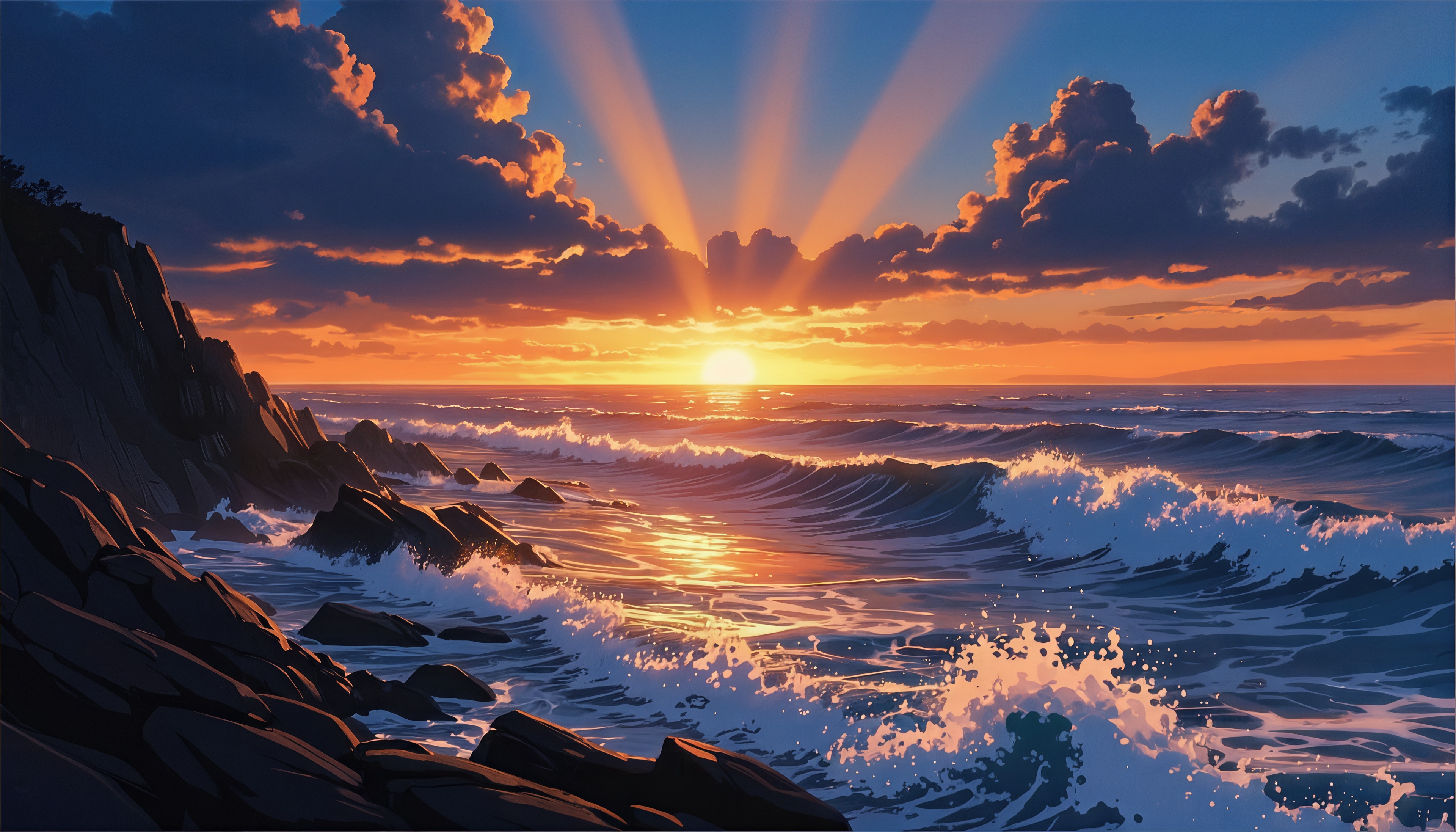 Free photo Sunset over the sea: the sun`s rays break through the clouds.