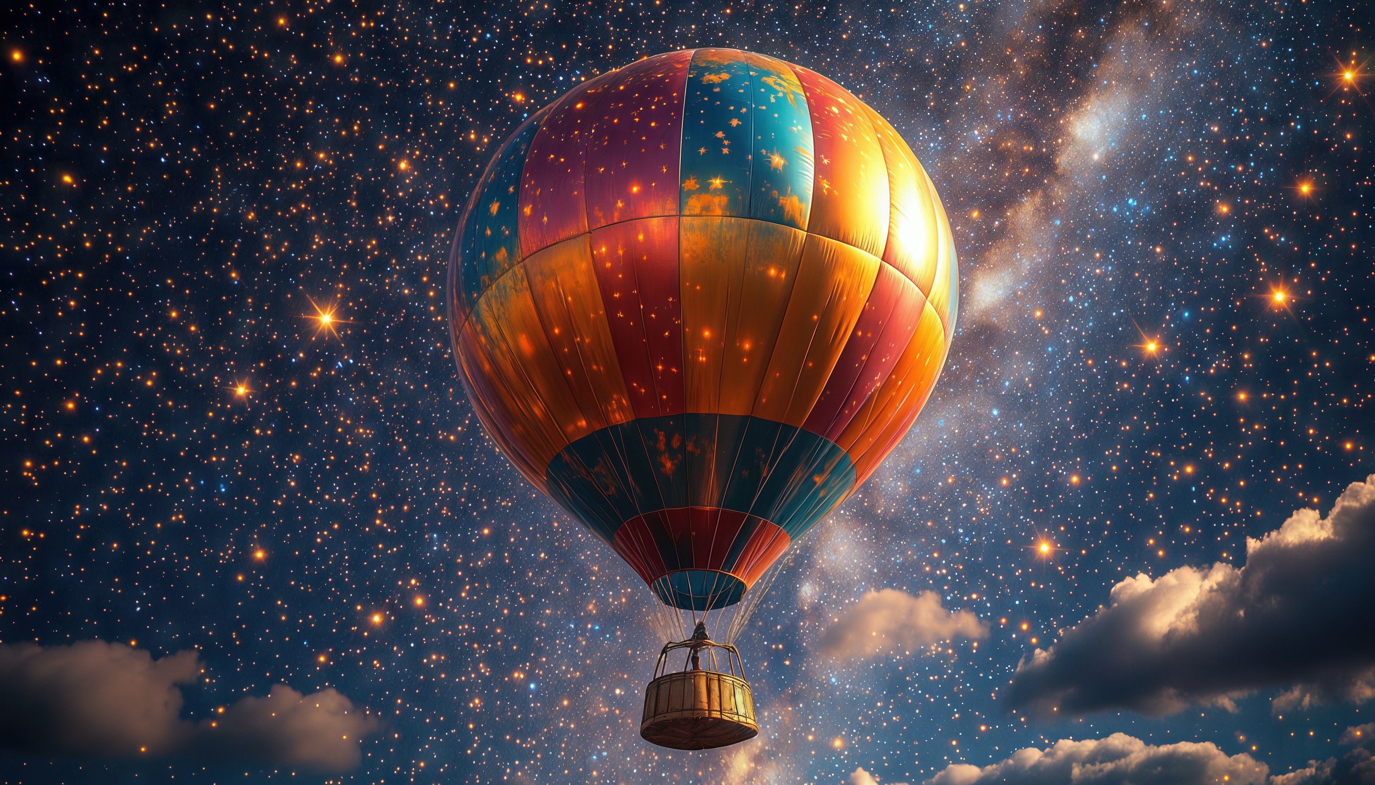 Бесплатное фото Воздушный шар плывёт в океане звёзд, отражая их свет в своих узорах.
