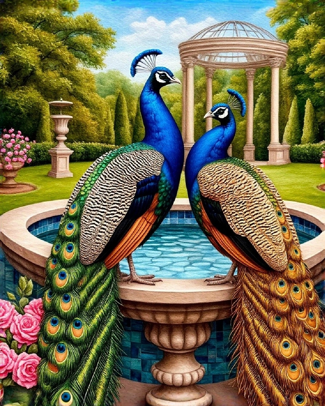 Free photo A pair of peacocks at a decorative fountain