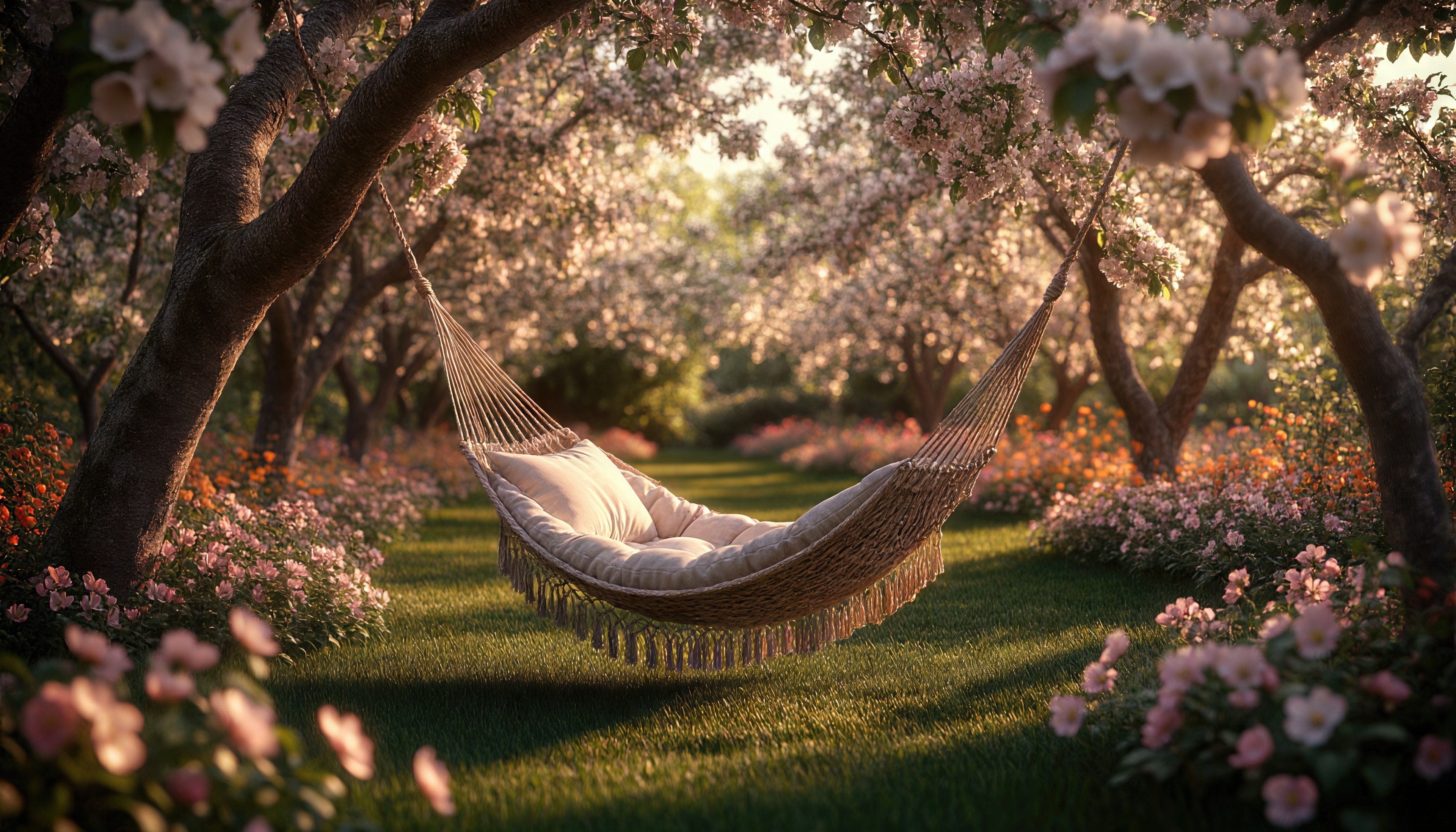 Бесплатное фото Гамак в цветущем саду с плетеным материалом и бахромой, освещенный мягким солнечным светом.