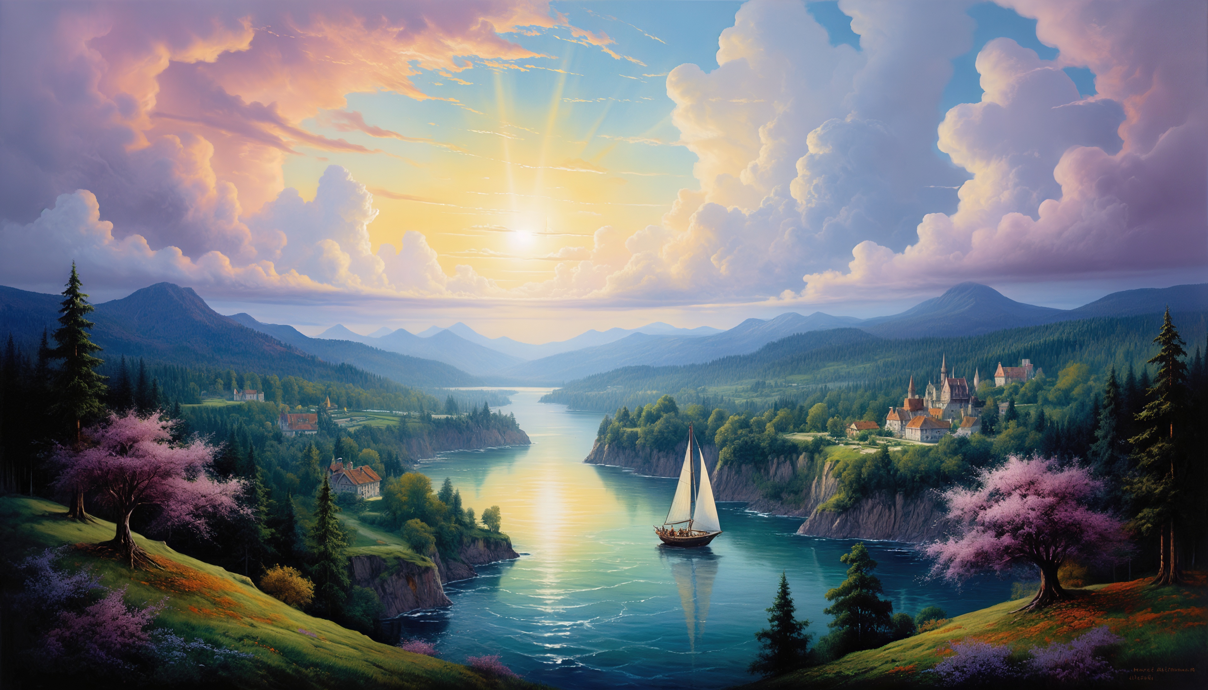 Бесплатное фото Живописная долина с замком на склоне, река и парусник в лучах заходящего солнца.