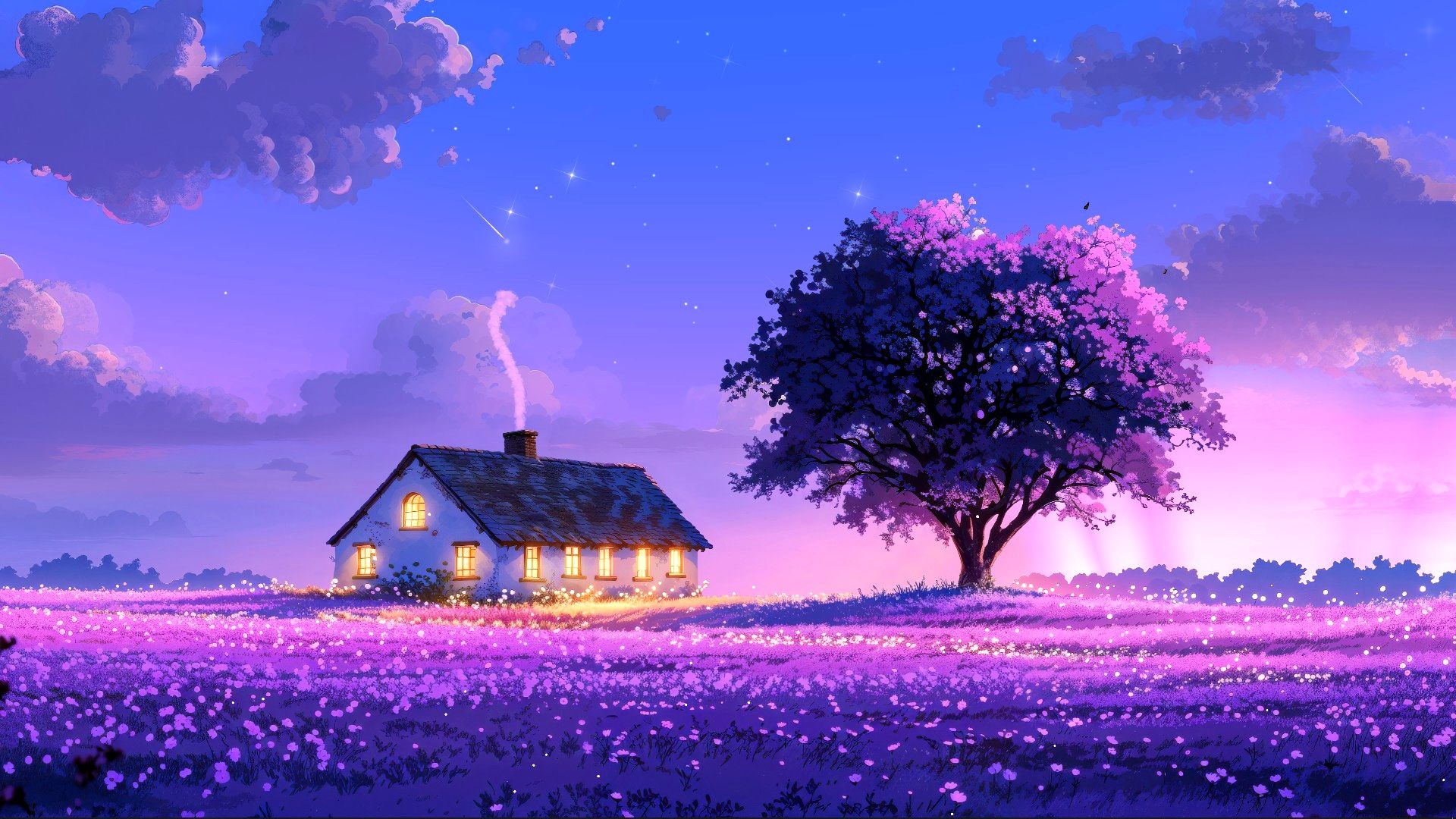 Free photo Beautiful cabin with a chimney against the night sky.