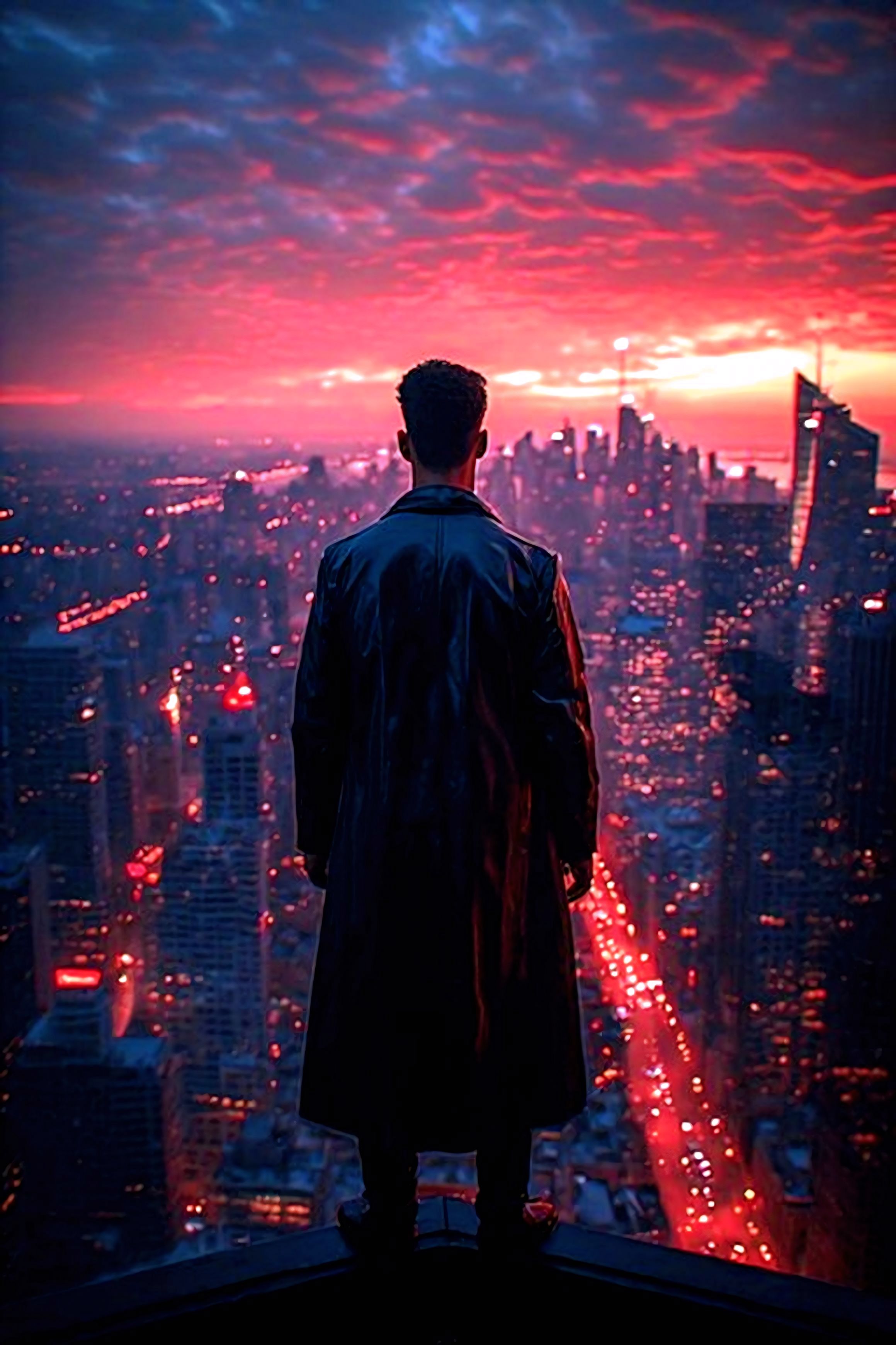 Free photo A man on the roof of a skyscraper against the sunset.