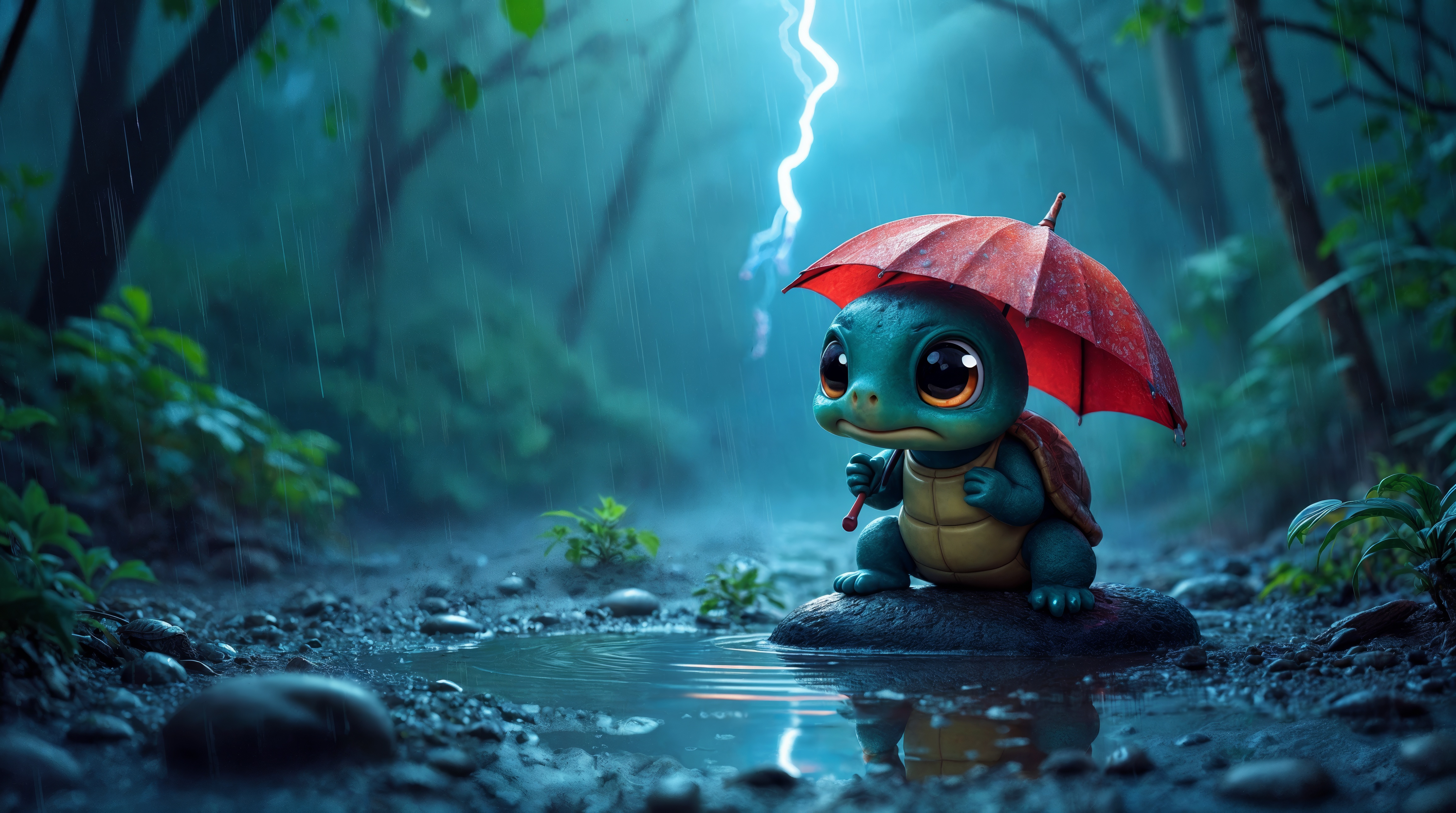 小乌龟撑着伞坐在雨中