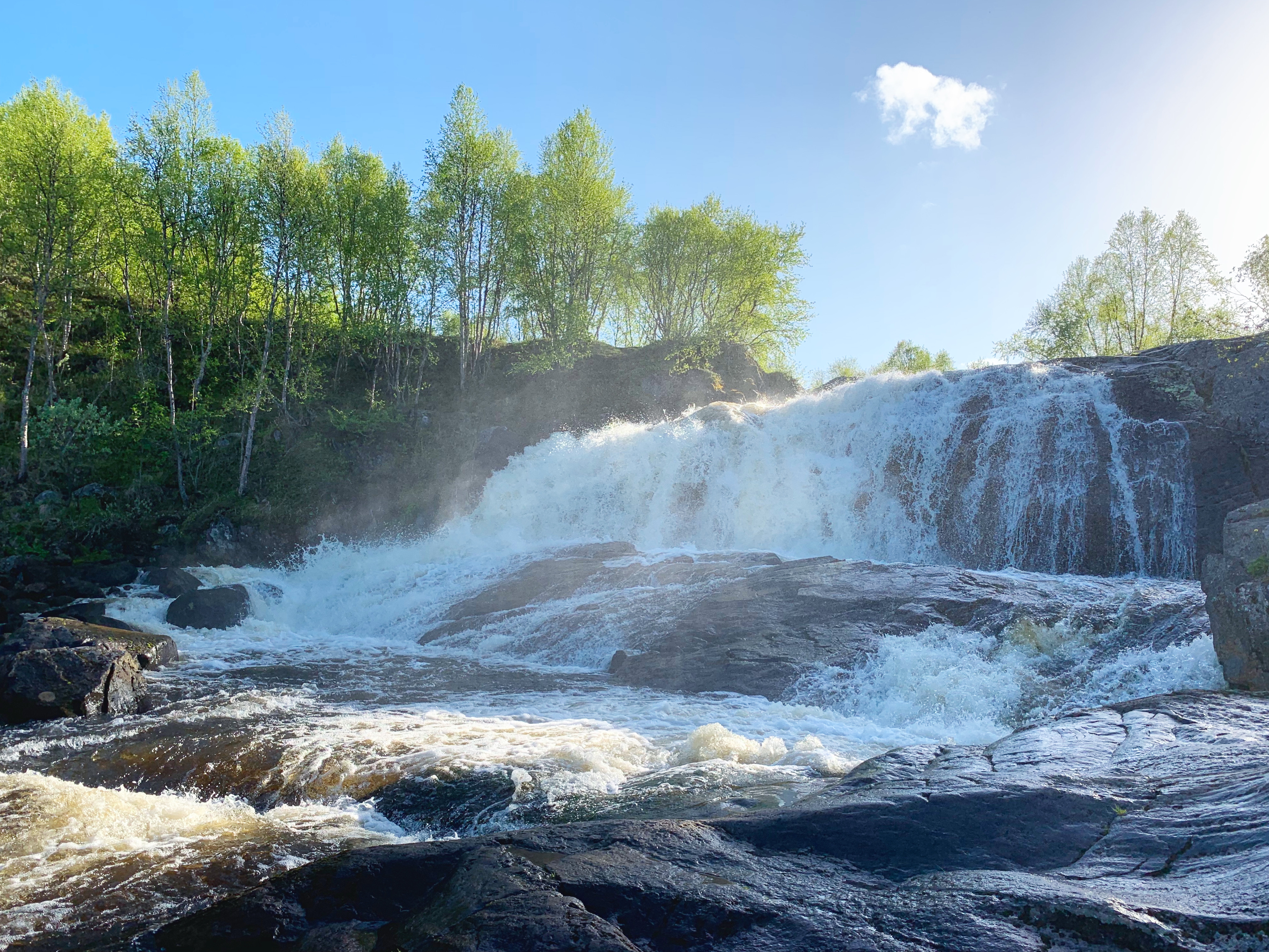 Free photo Morning on a river with a waterfall