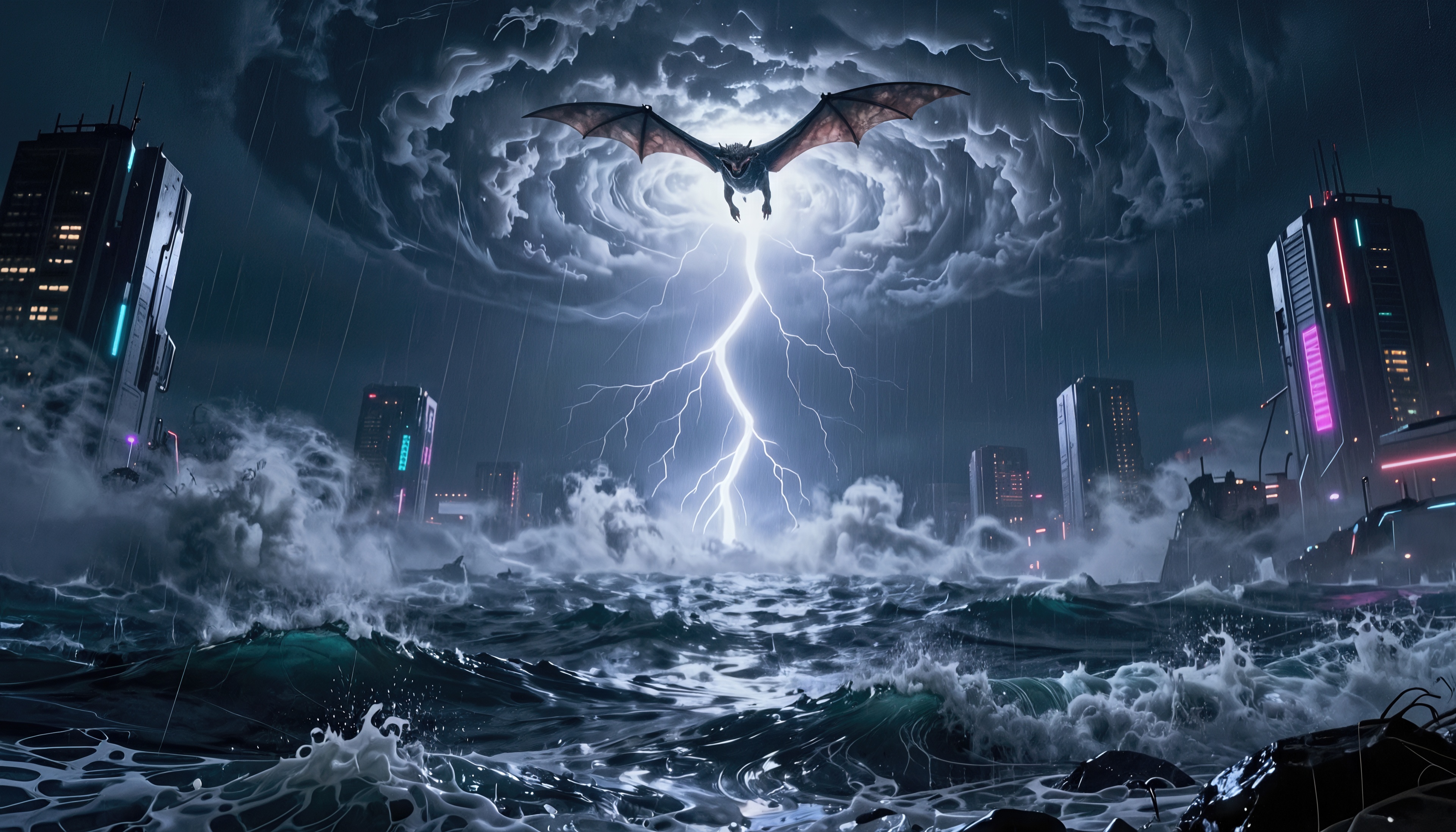 Free photo A huge dragon soars in the eye of a storm over the raging sea and neon skyscrapers of a futuristic city.
