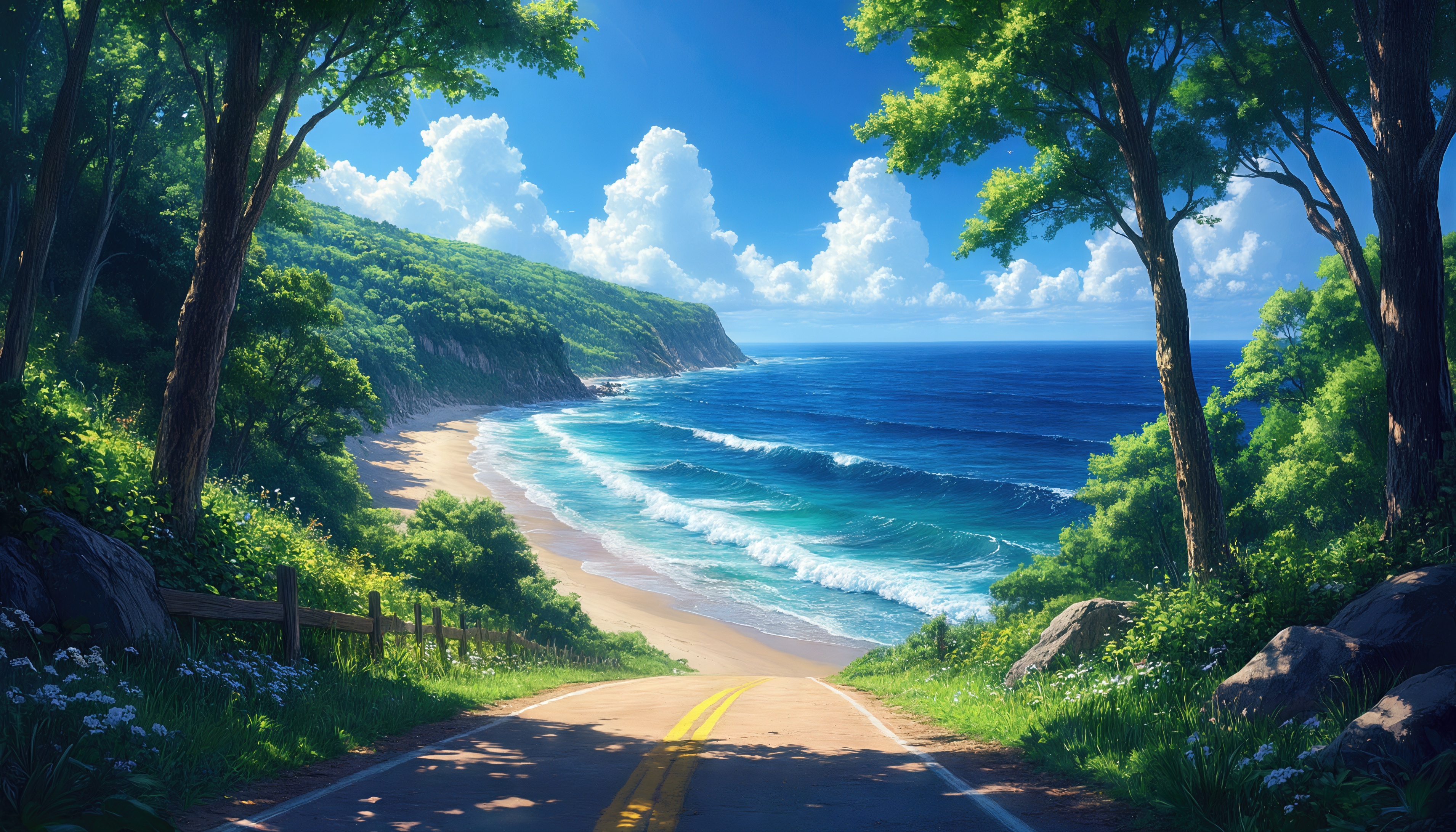 Бесплатное фото Дорога ведёт к морю через зелёные деревья и цветы, создавая атмосферу летнего дня.