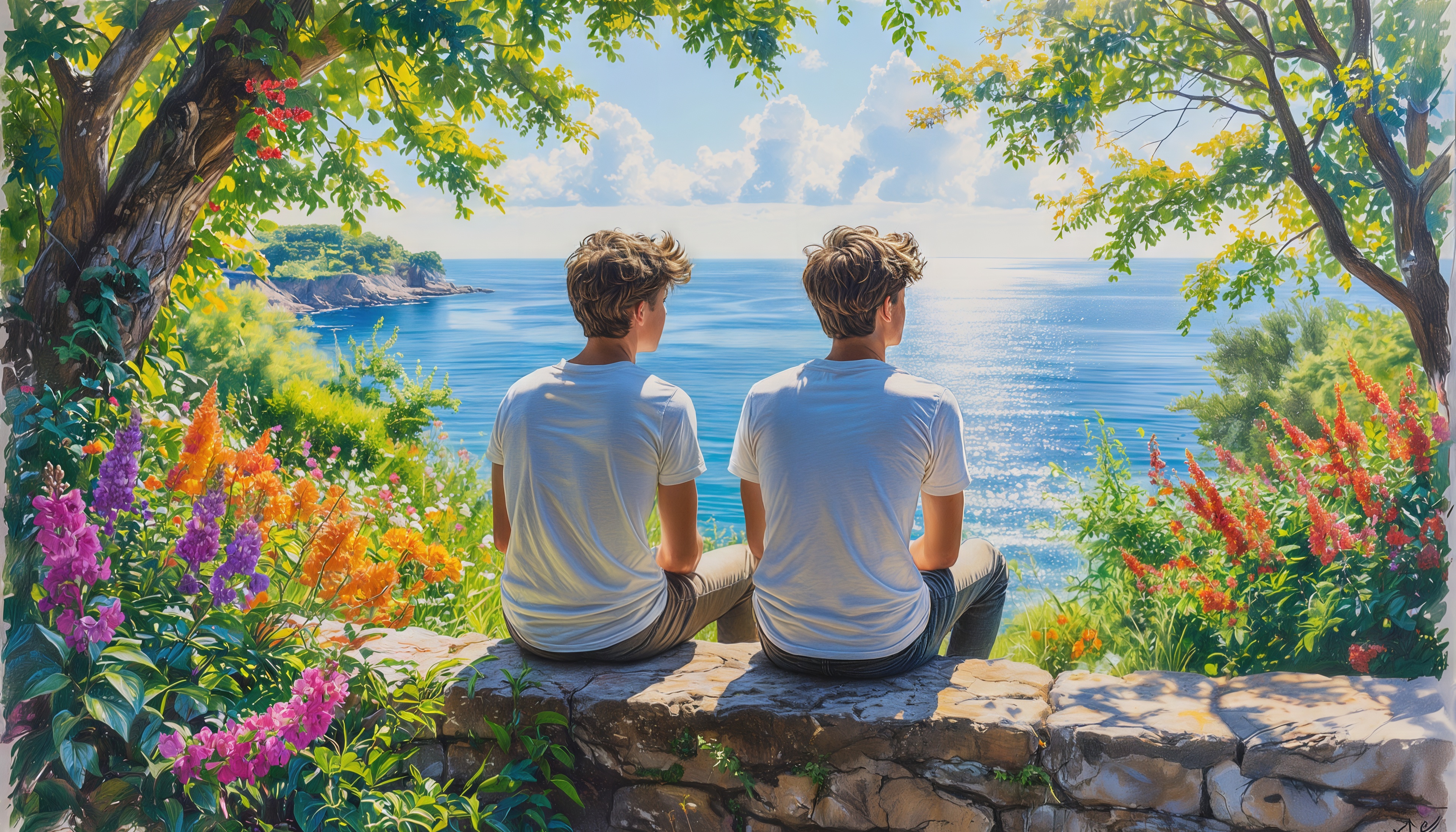 Бесплатное фото Два парня в белых футболках задумчиво смотрят на бескрайнее море, окружённые цветами.