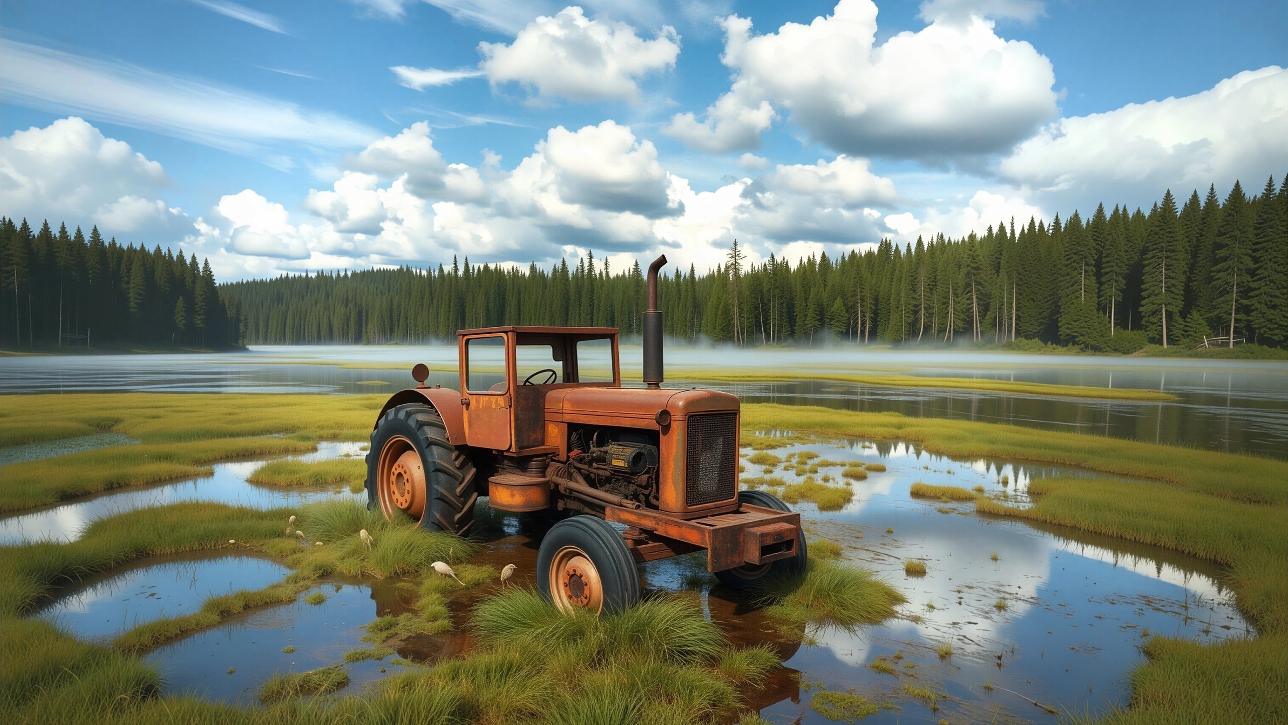 Free photo An old tractor against the background of Siberian nature
