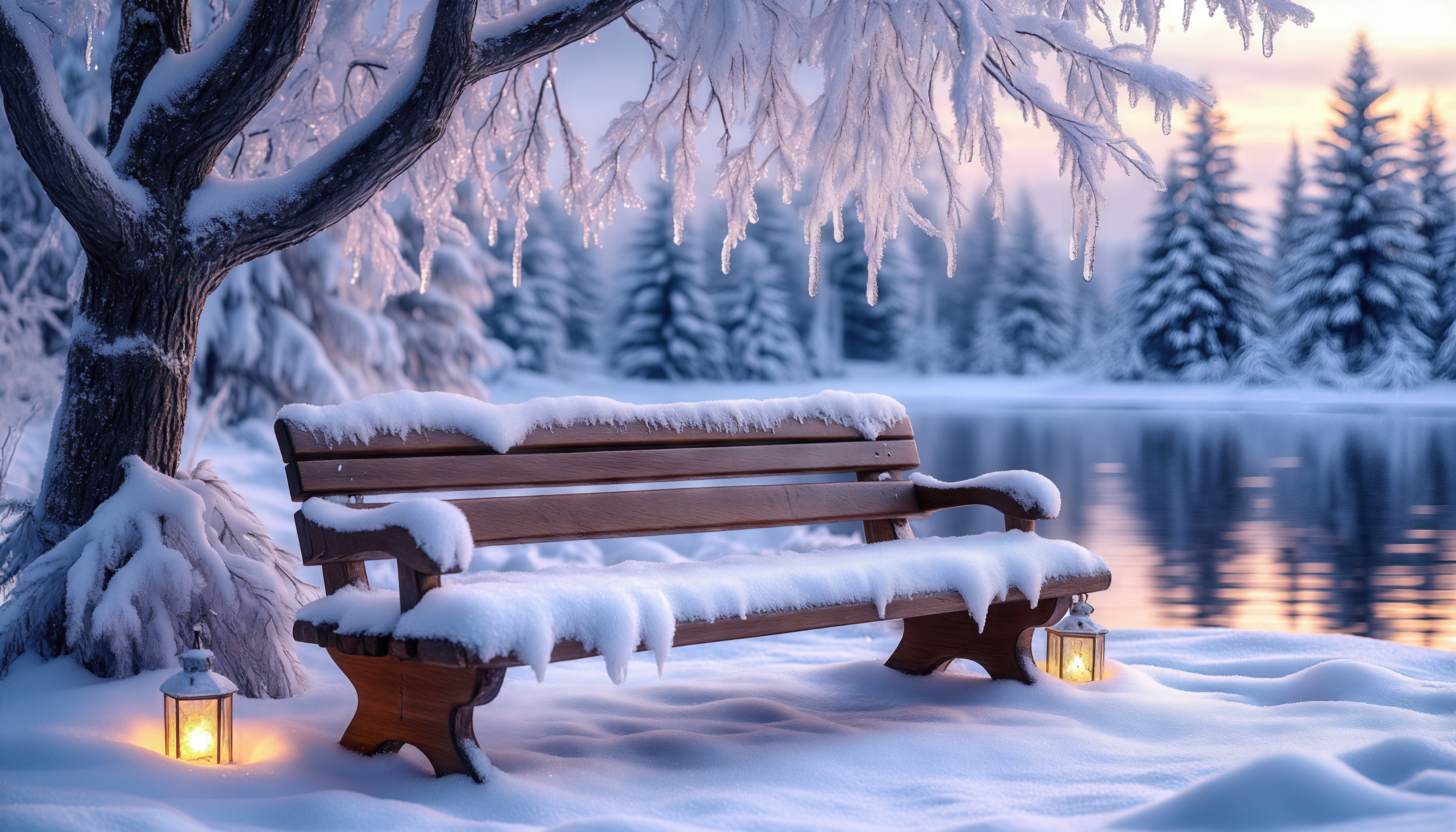 Бесплатное фото Зимняя скамейка под снегом, освещённая тёплыми фонарями у озера.