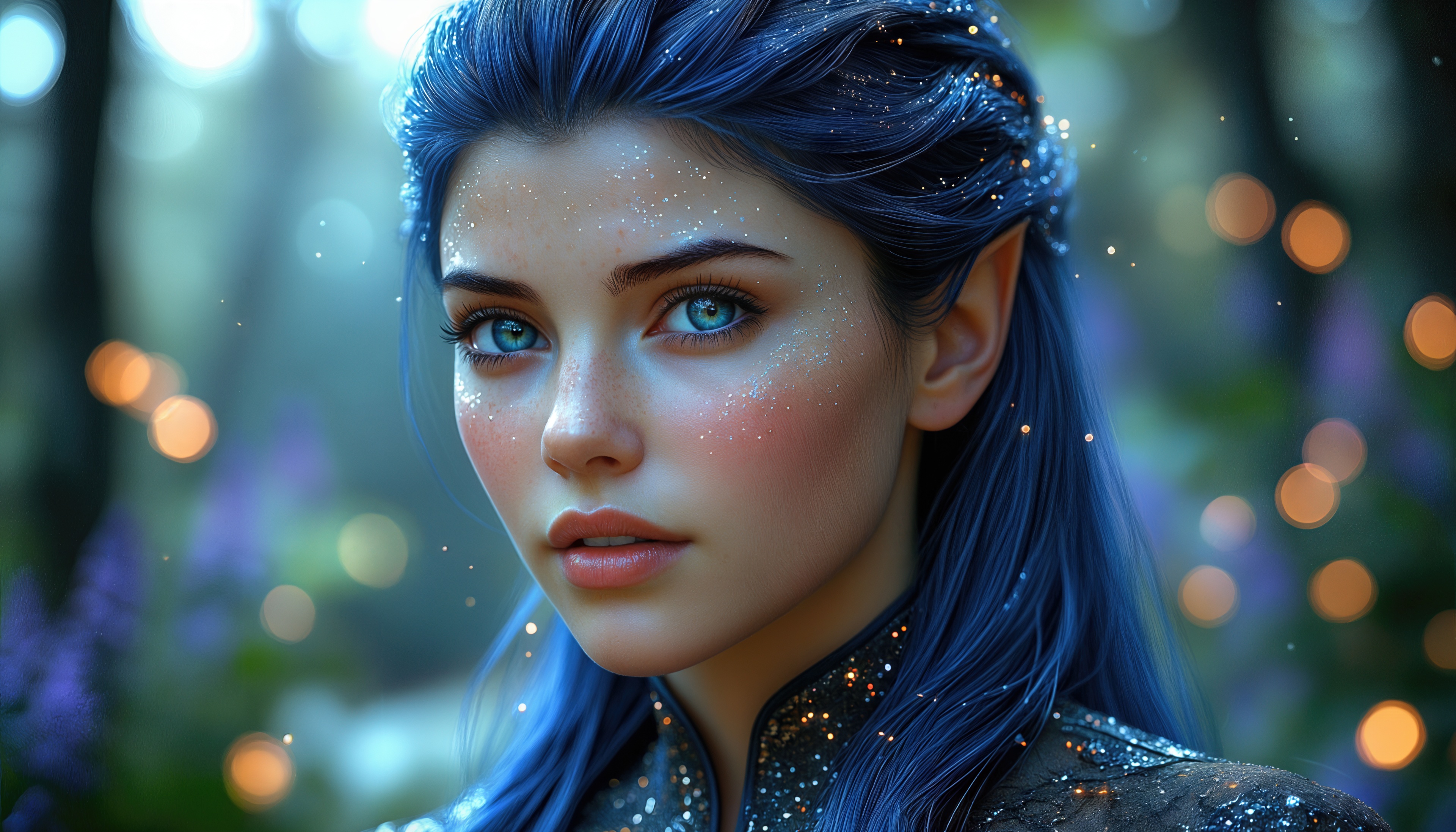 Бесплатное фото Эльфийка с синими волосами и пронзительно-голубыми глазами смотрит сквозь волшебный лес