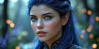 An elf with blue hair and piercing blue eyes looks through a magical forest